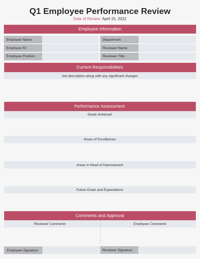 Printable Performance Review Template