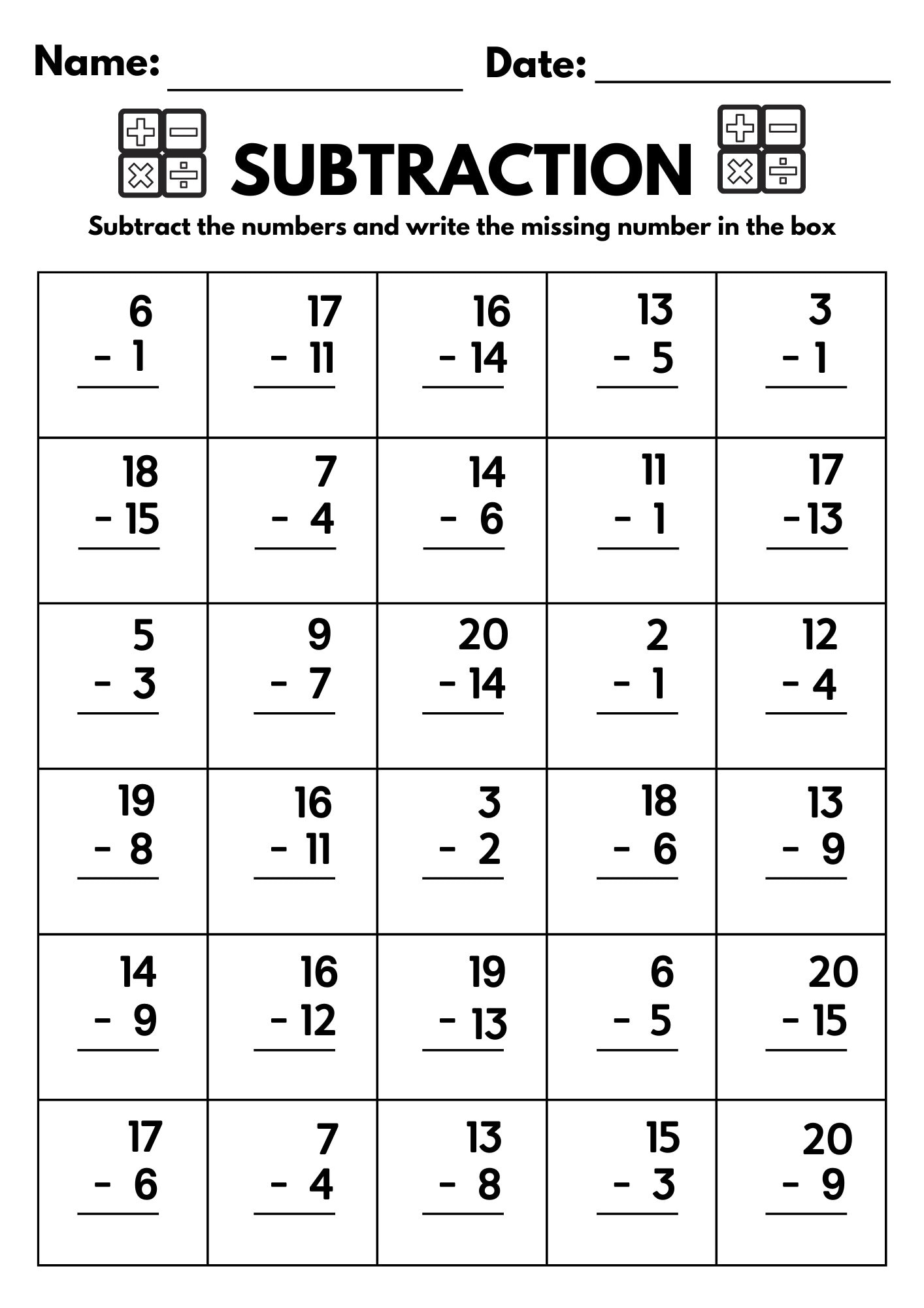 Free Printable Subtraction Worksheets
