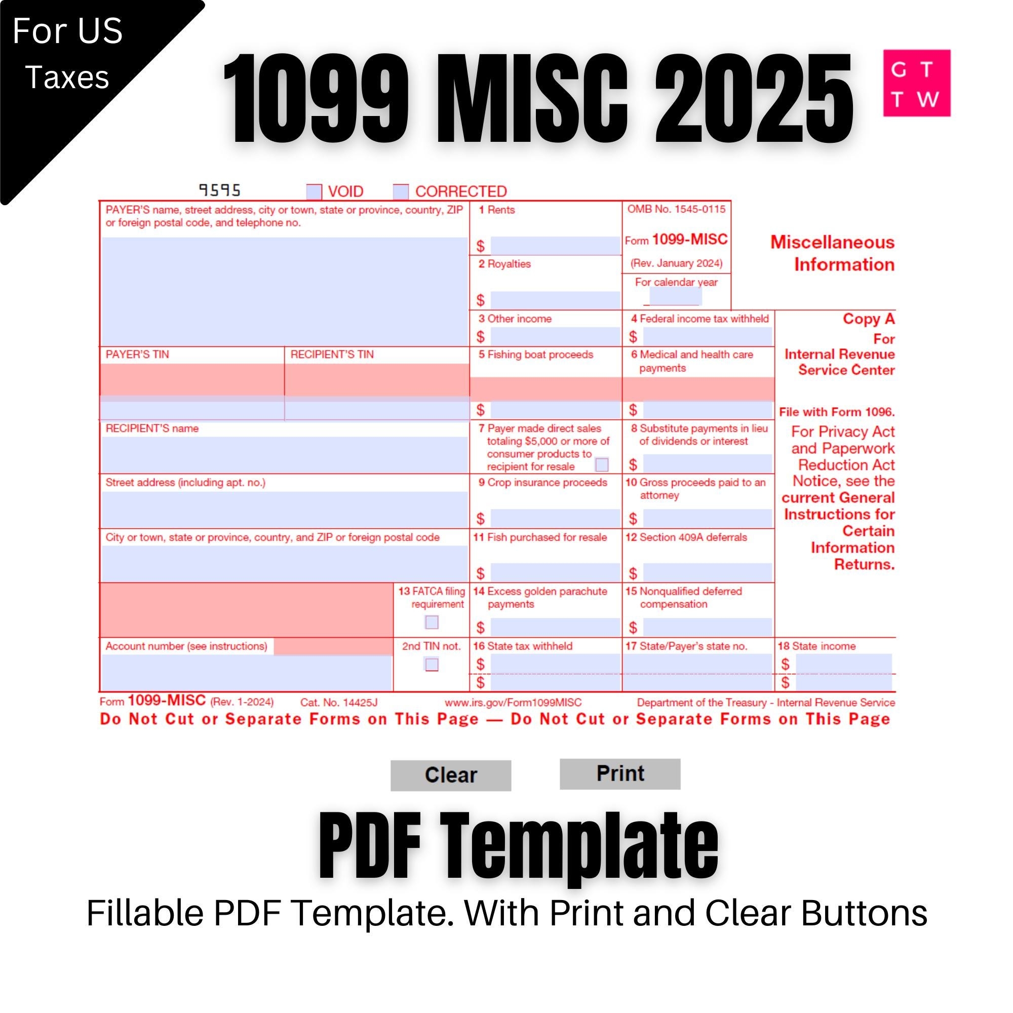 2025 1099 MISC IRS Forms Copy A Print Template PDF Fillable With Clear And Print Buttons Print On Preprinted Form Digital Download Etsy UK