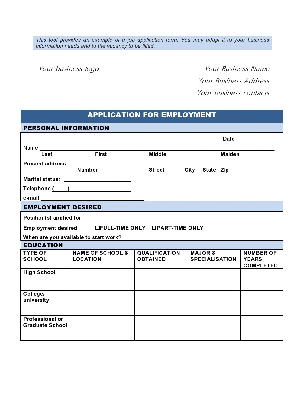 Job Application Form Printable Free