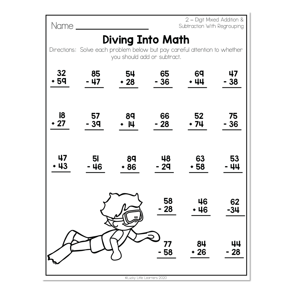 2nd Grade Math Worksheets 2 Digit Mixed Addition And Subtraction With Regrouping Diving Into Math Lucky Little Learners