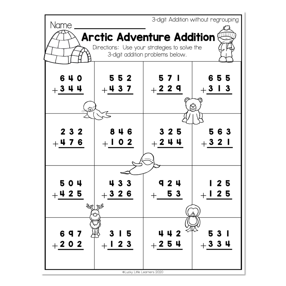 2nd Grade Math Worksheets 3 Digit Addition Without Regrouping Arctic Adventure Addition Lucky Little Learners