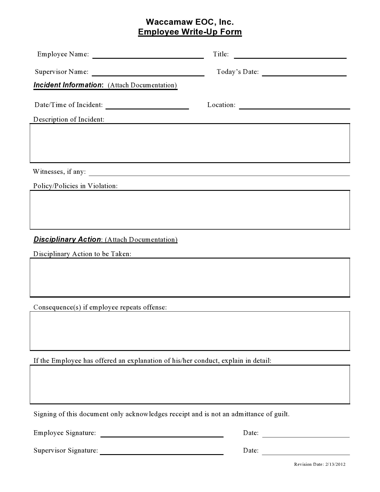 Printable Write Up Form