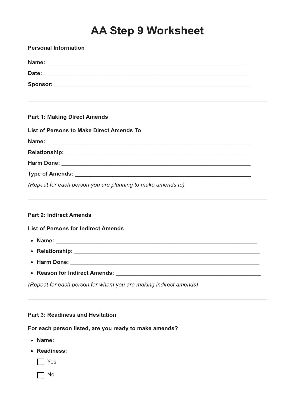 AA Step 4 Worksheets Example Free PDF Download