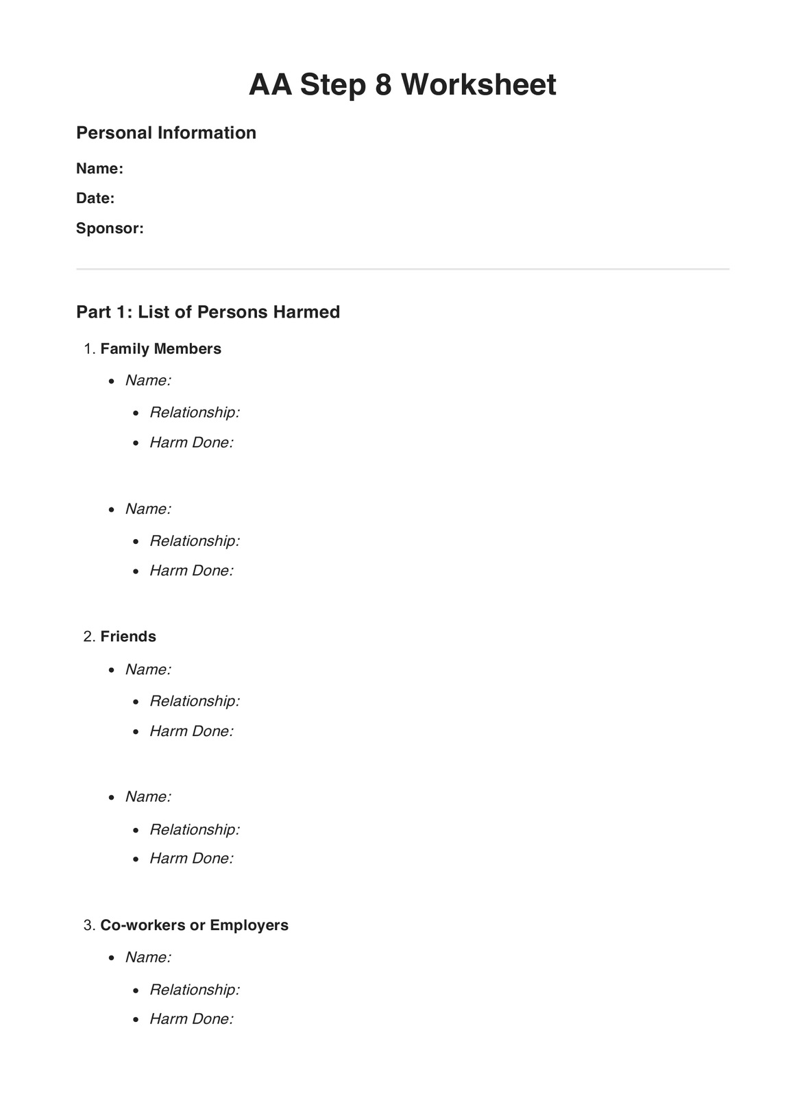AA Step 6 Worksheets Example Free PDF Download