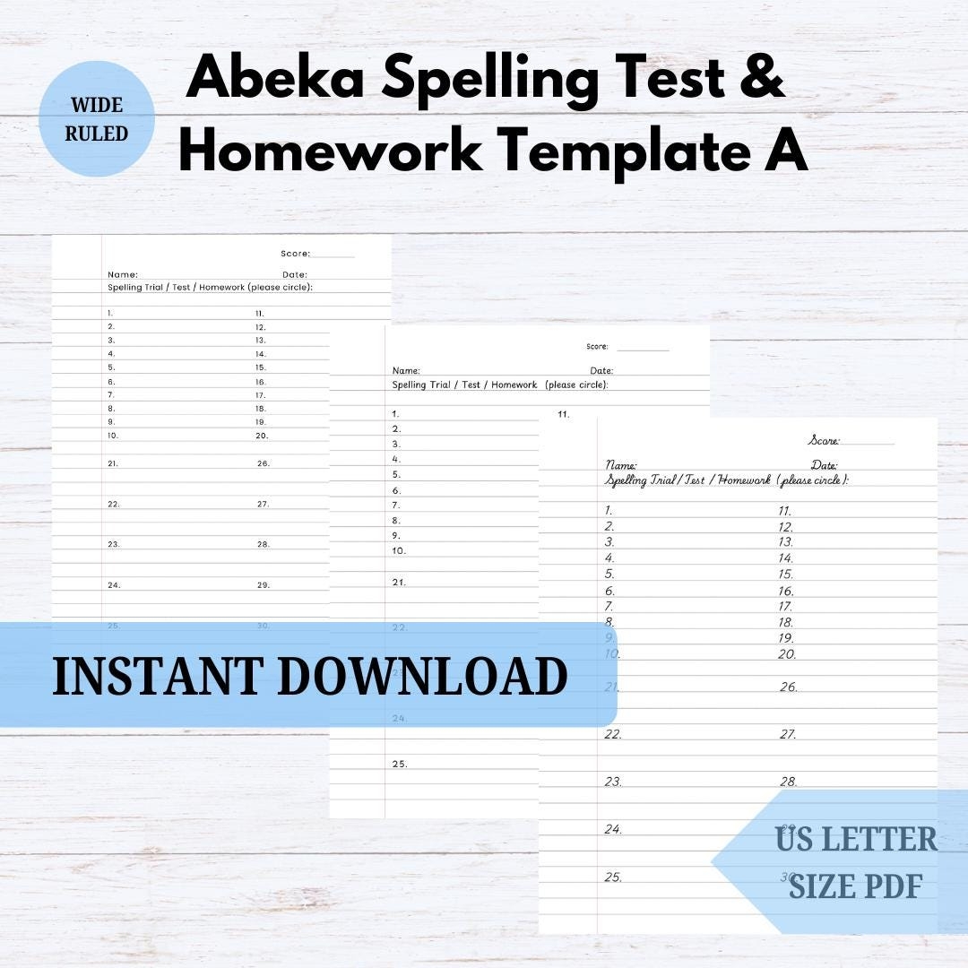 Abeka Spelling List Test Homework Template A Printable Instant Download PDF Homeschool Etsy