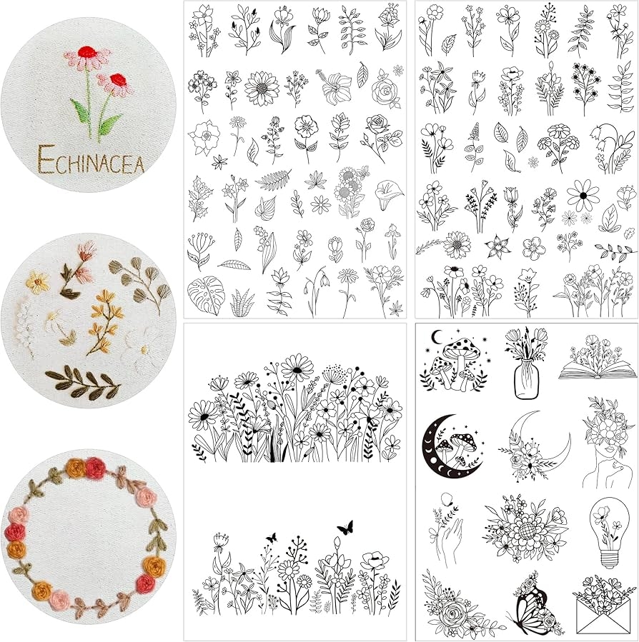 Amazon Water Soluble Embroidery Patterns Paper 4 Sheet Stick Stitch Embroidery Paper Wash Away For Hand Sewing Lovers Stabilizer For Embroidery Mushroom Moon Butterfly Envelope Flowers Designs