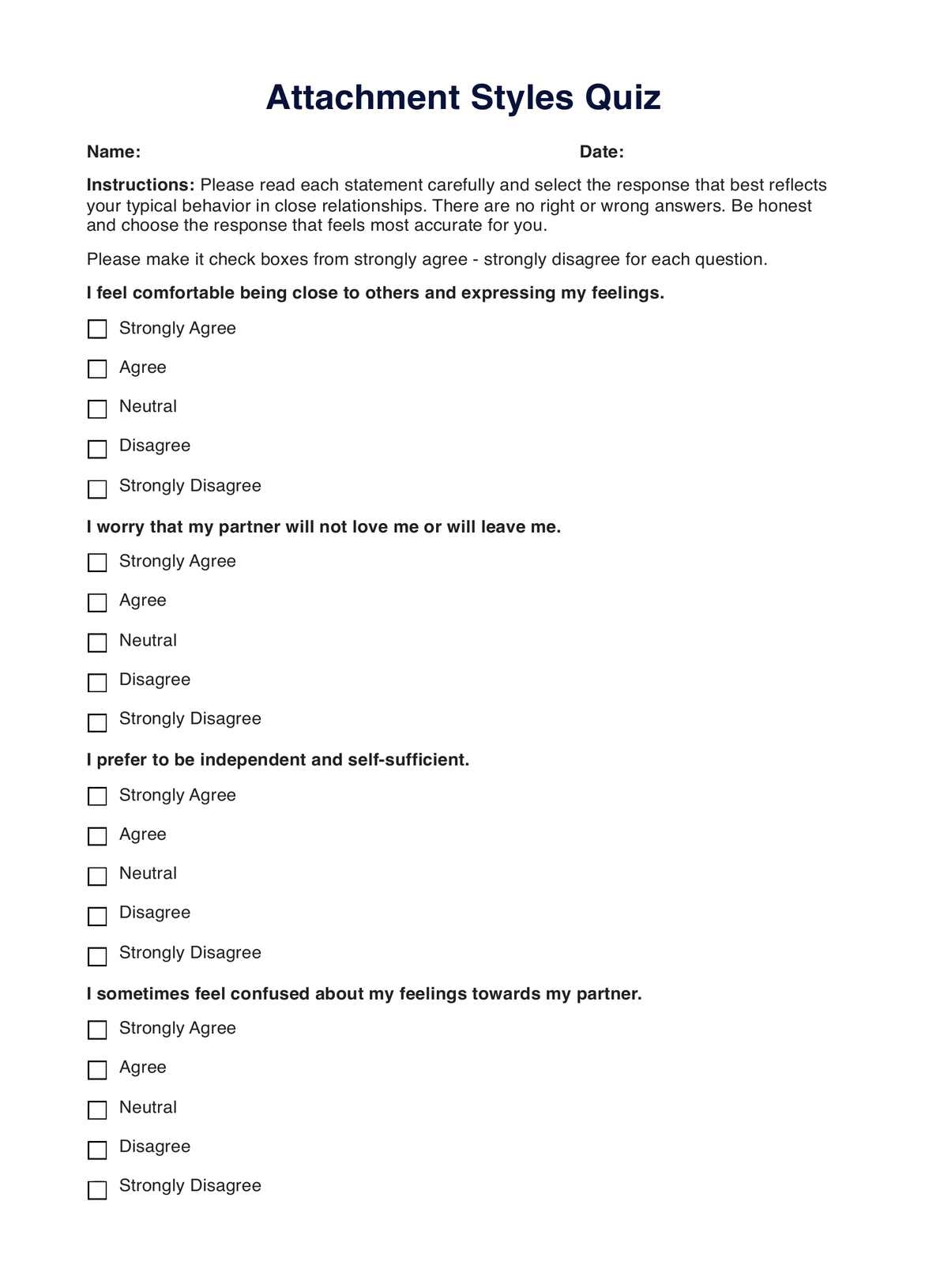 Attachment Style Quiz Example Free PDF Download