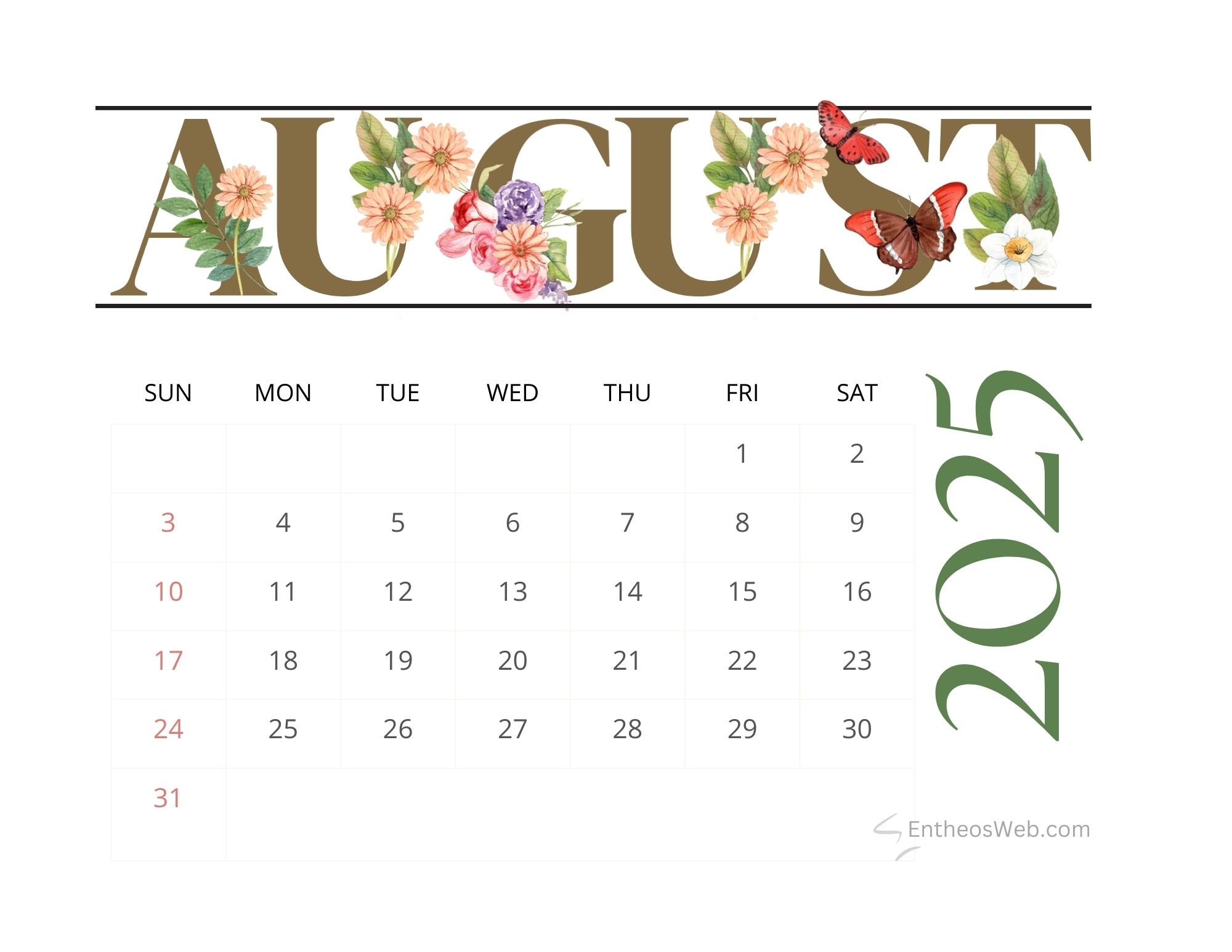August Calendar Printable 2025
