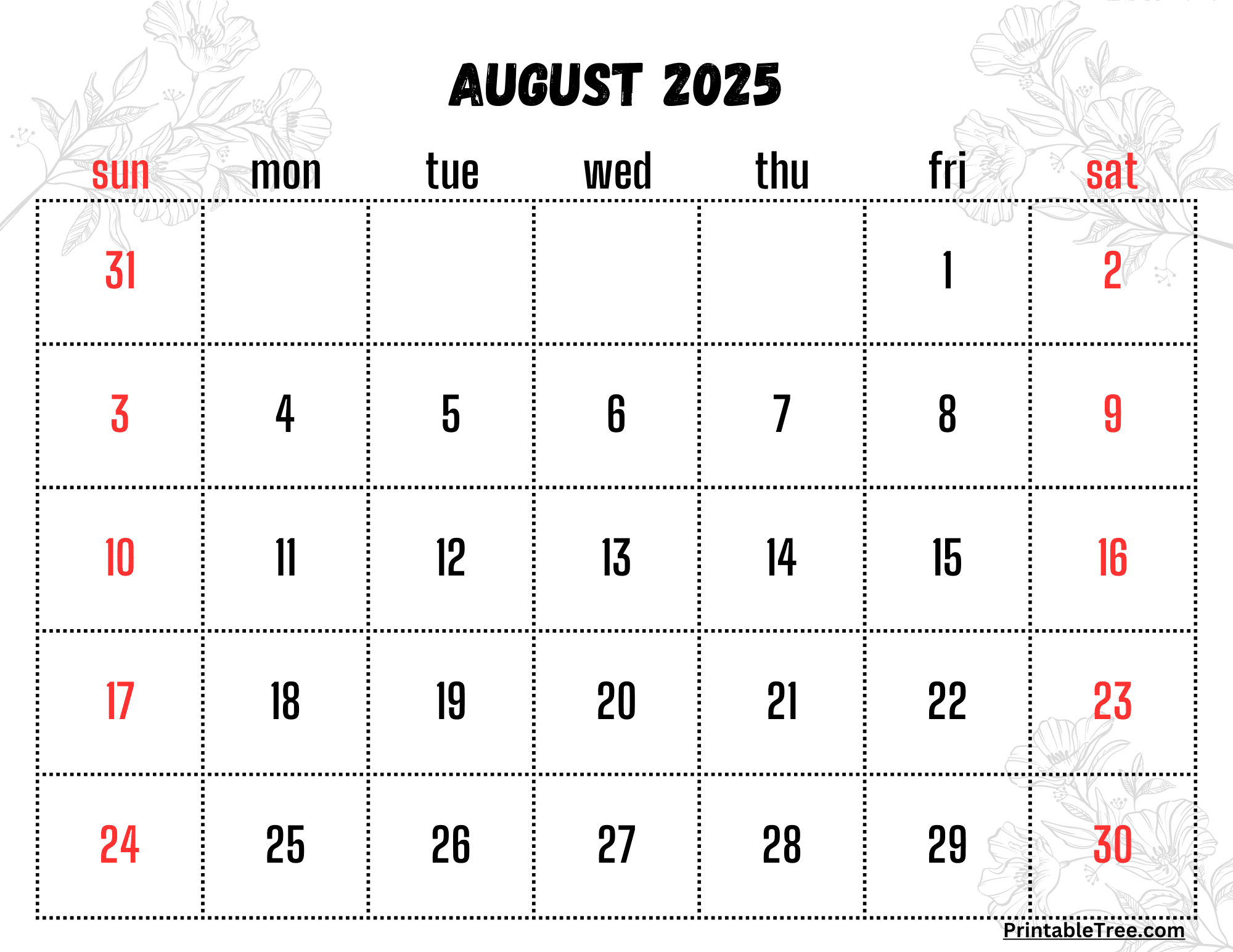 Free Printable August 2025 Calendar