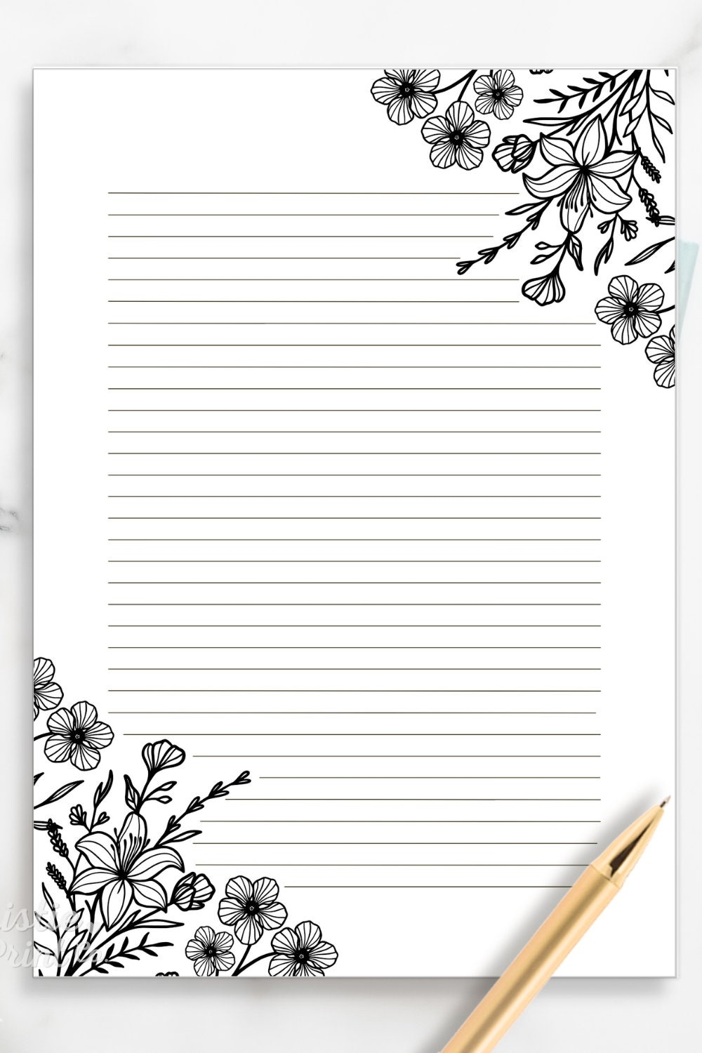 Black And White Floral Lined Paper Printable Stationery Paper Journal Paper Digital Download Stationary Paper Minimalist Penpal Letter Etsy Hong Kong