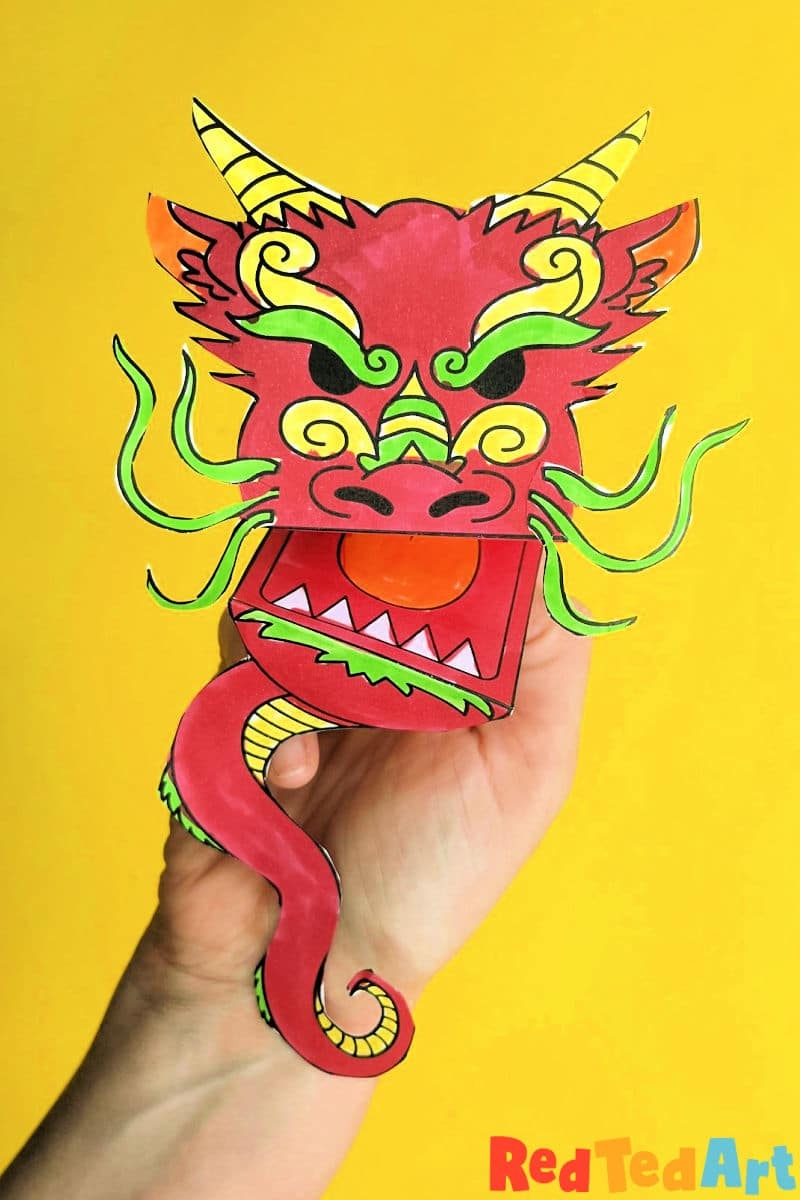 Chinese New Year Paper Dragon Printable Puppet Red Ted Art Kids Crafts