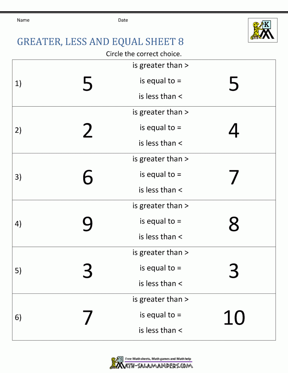 Free Printable Greater Than Less Than Worksheets