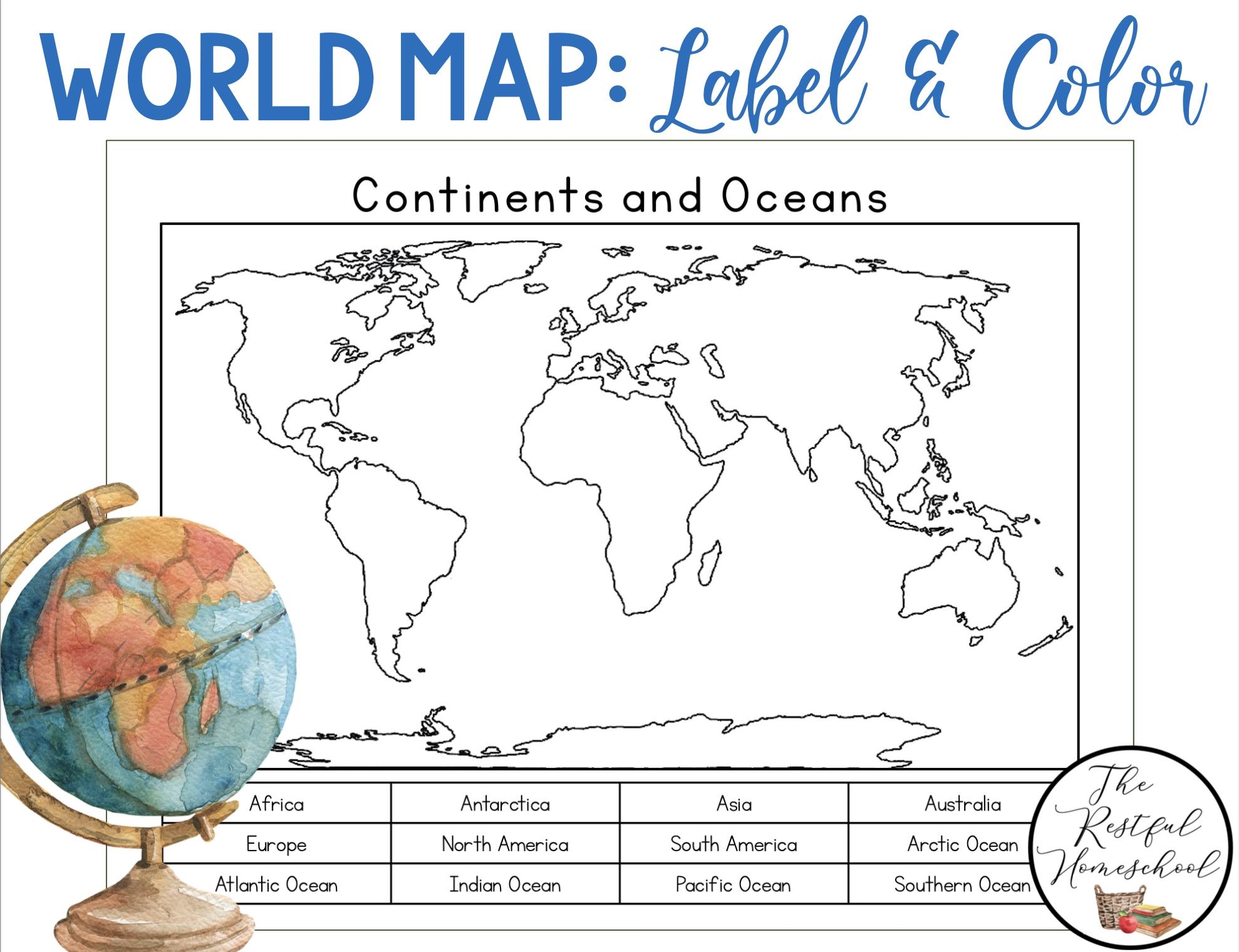 Continents And Oceans Color And Label Blank World Map Elementary Geography Homeschool Printable Activities Social Studies Etsy