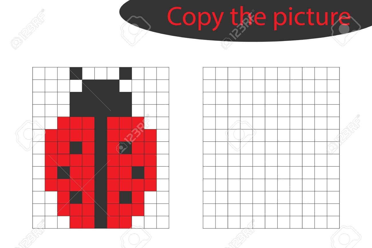 Copy The Picture Pixel Art Ladybug Cartoon Drawing Skills Training Educational Paper Game For The Development Of Children Kids Preschool Activity Printable Worksheet Vector Royalty Free SVG Cliparts Vectors And Stock Illustration 