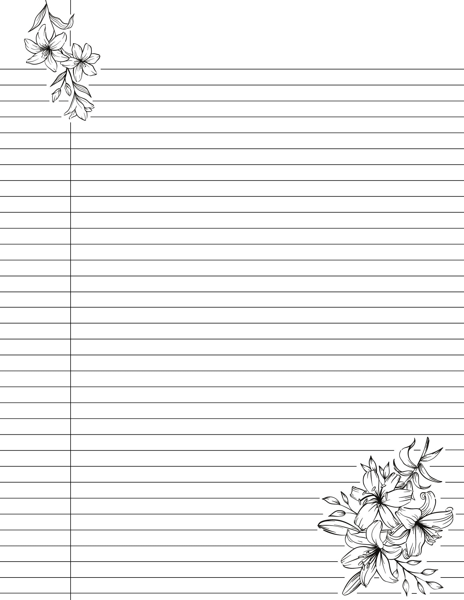 Cute Printable College Ruled Lined Notebook Paper With Margins Floral Lily Flower Design Double Sided Black White Easy Download Etsy UK
