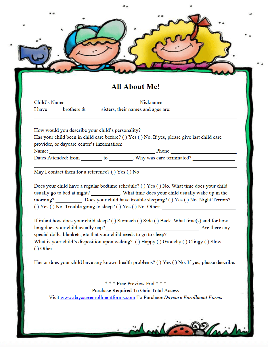 Daycare Enrollment Forms Child Care Registration Forms Templates Download Save Print