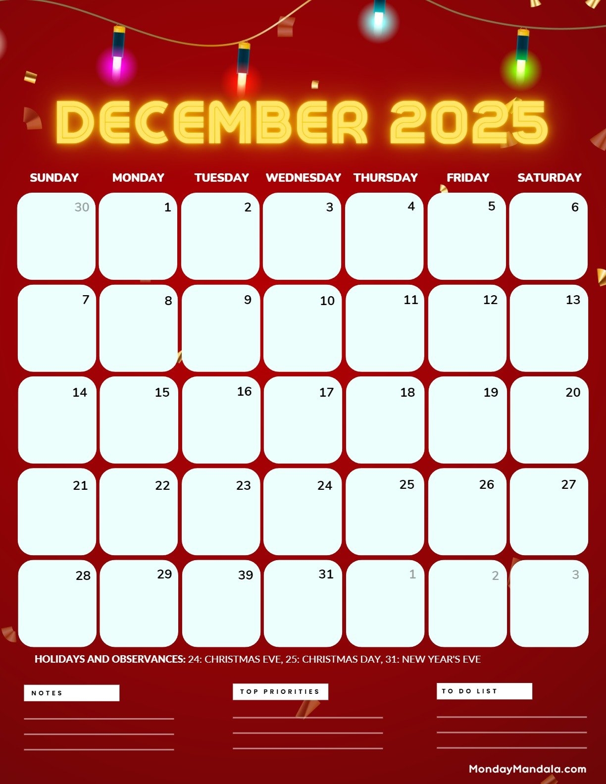 Free Printable December 2025 Calendar