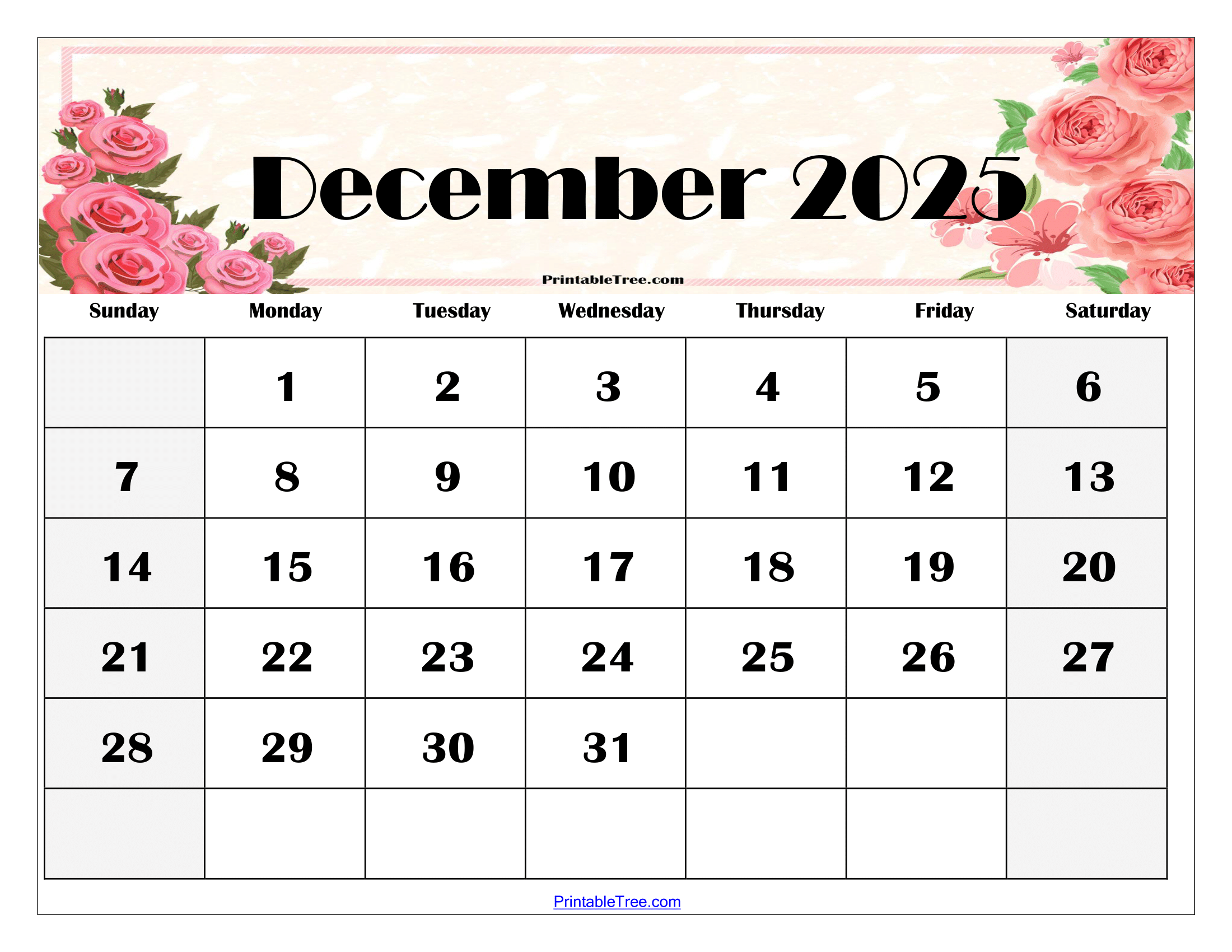 Blank December 2025 Calendar Printable Pdf