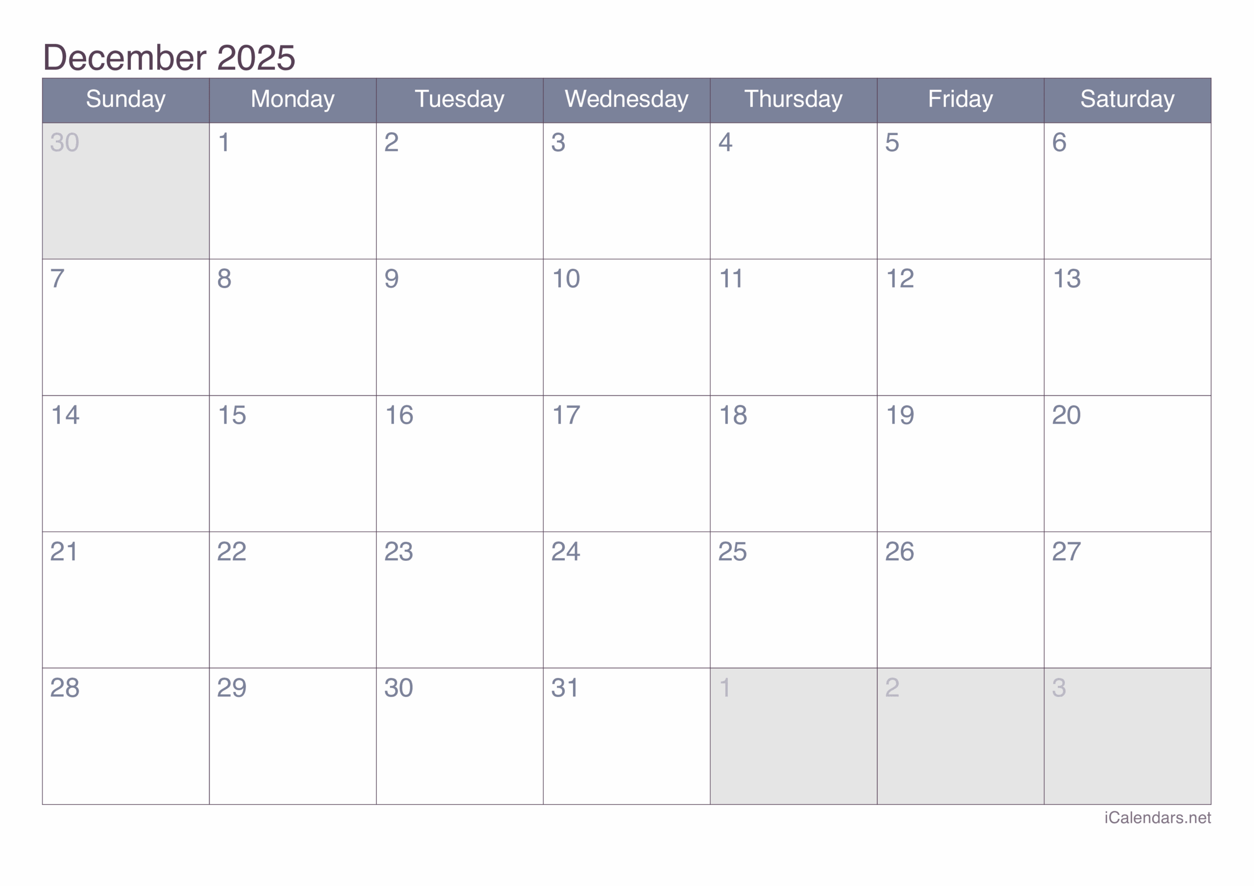 December Printable Calendar 2025
