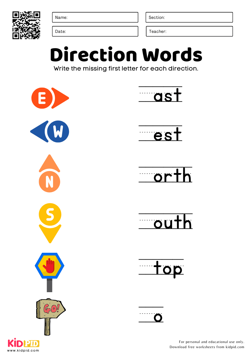 Direction Vocabulary Worksheet For Kindergarten Kidpid