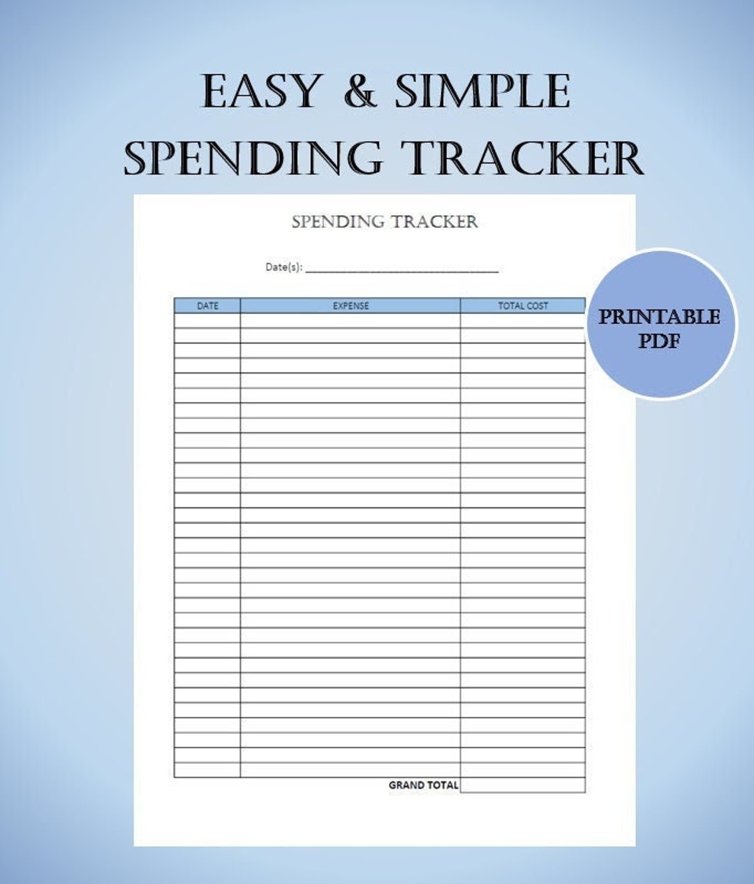 Easy Simple Spending Tracker Printable Expense Tracker Customizable Spending Sheet Blue Color Etsy UK