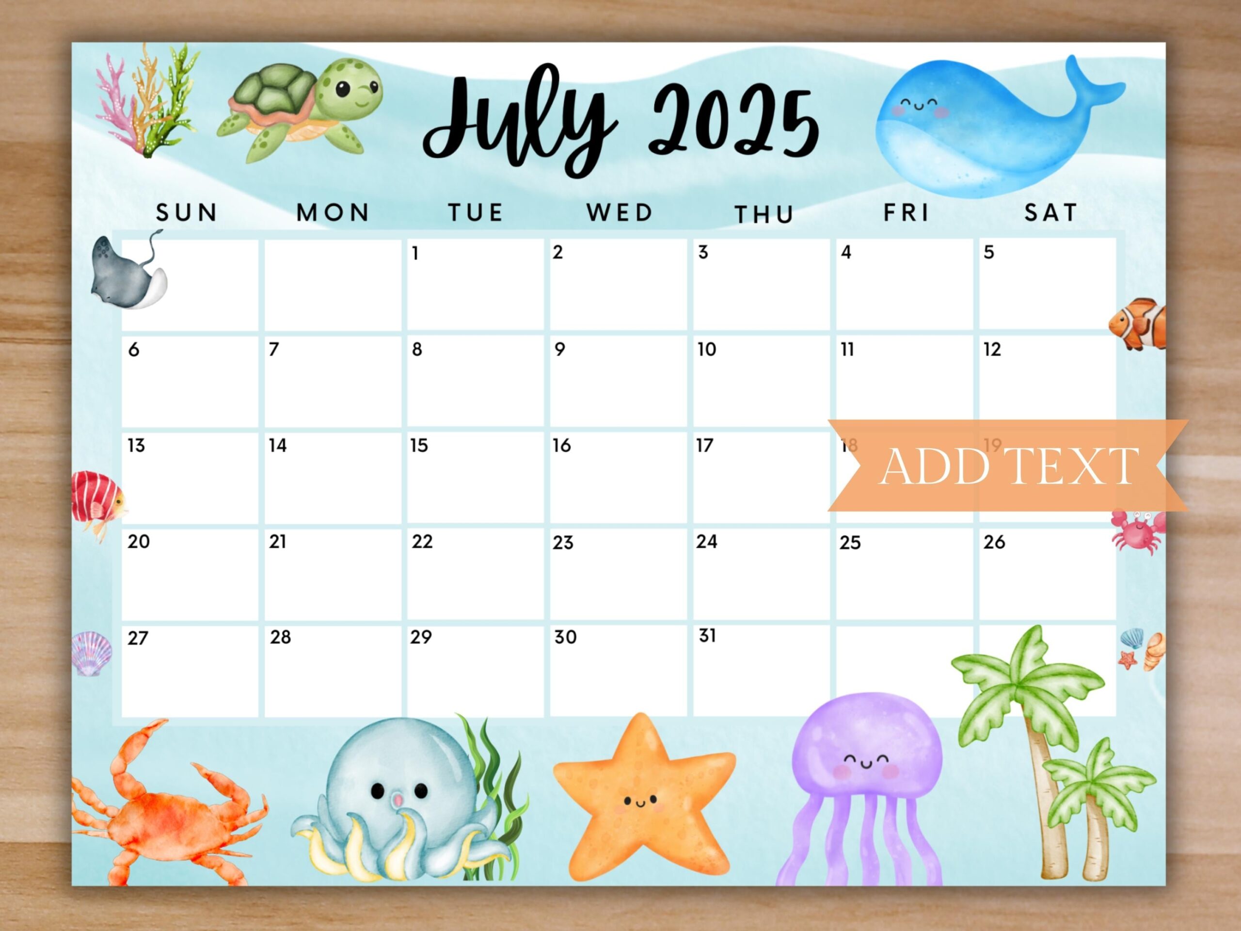 EDITABLE July 2025 Summer Calendar Printable Calendar W Sea 
