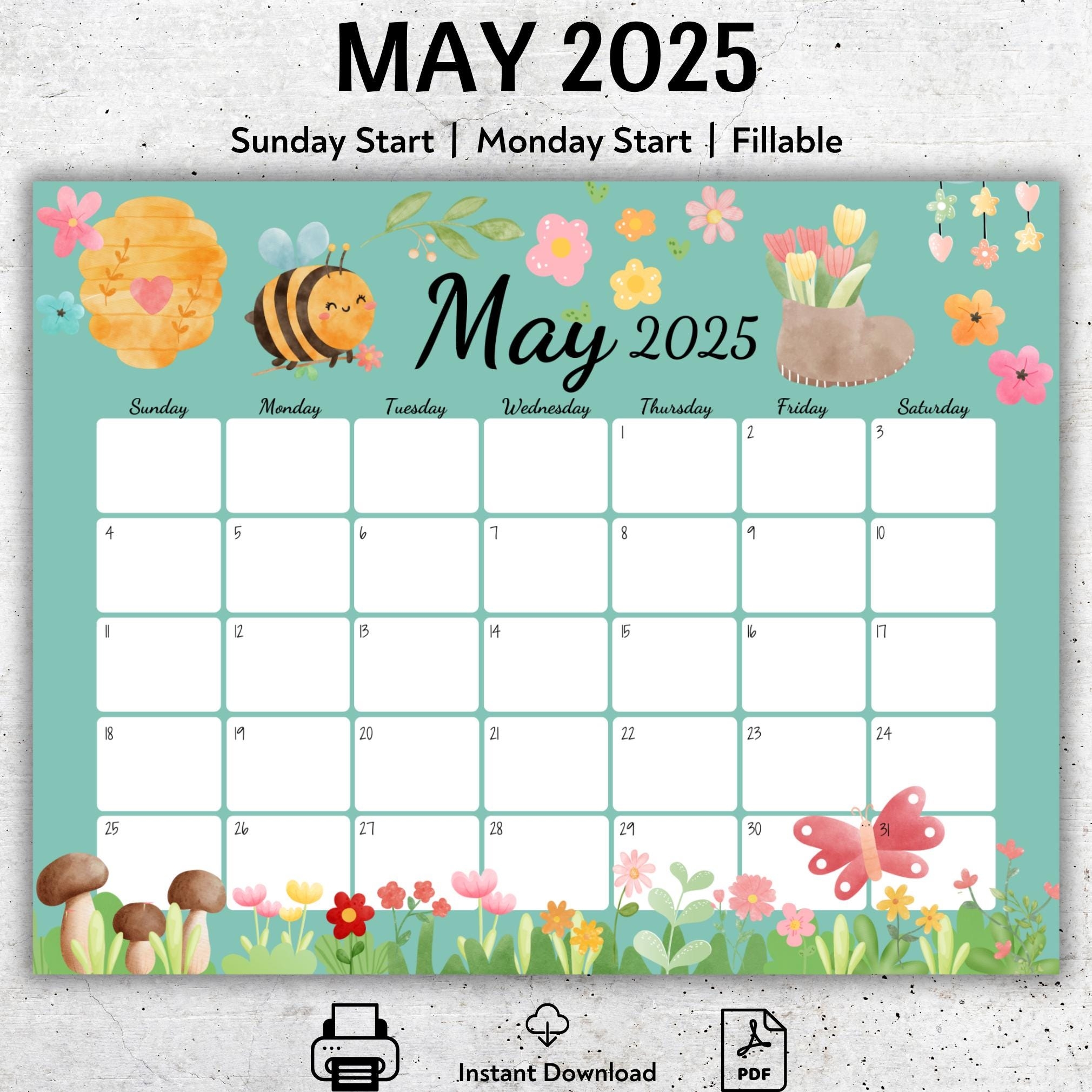 EDITABLE May 2025 Calendar Beautiful Spring Colorful Flowers 