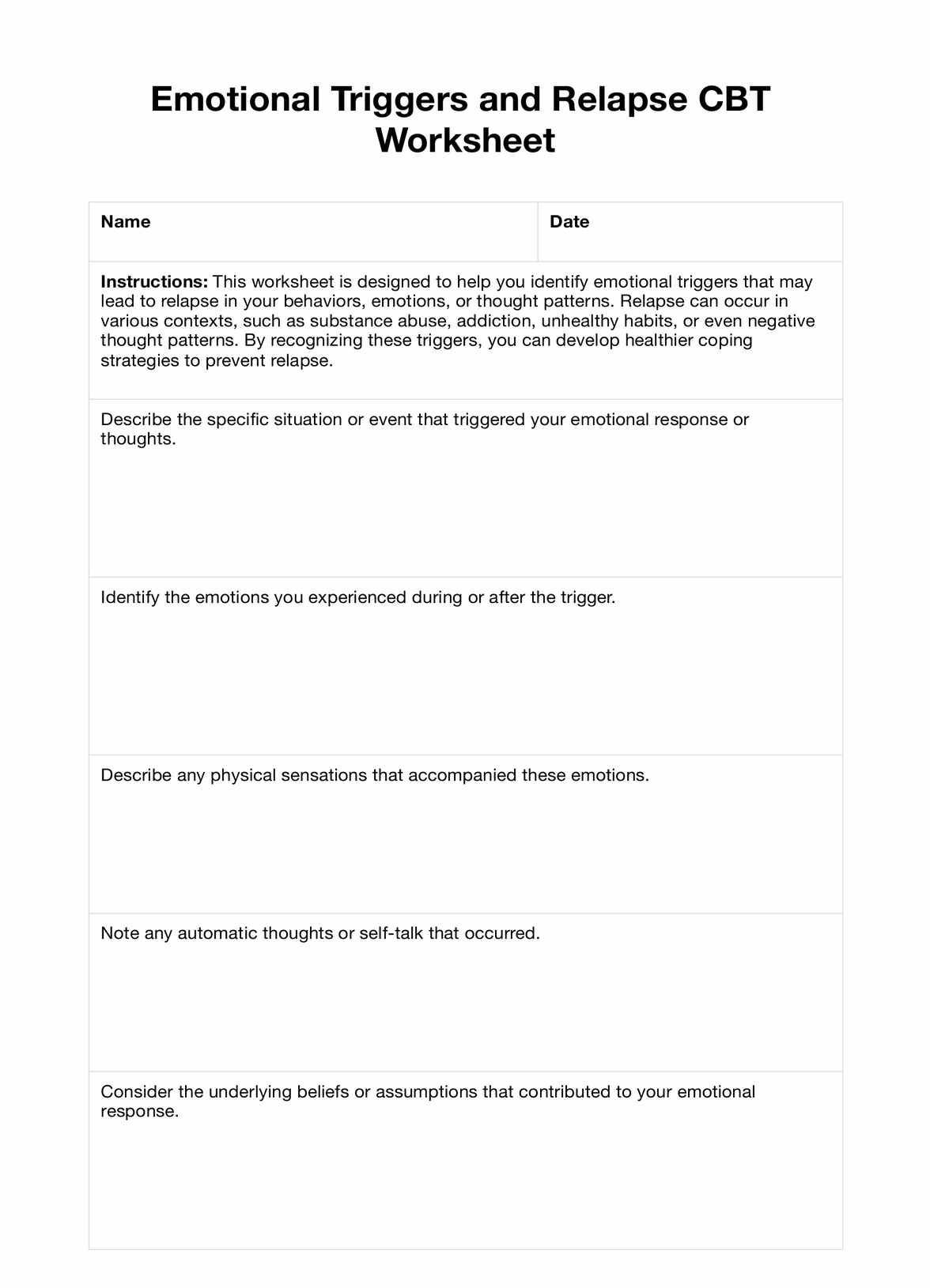 Free Printable Identifying Triggers Worksheets