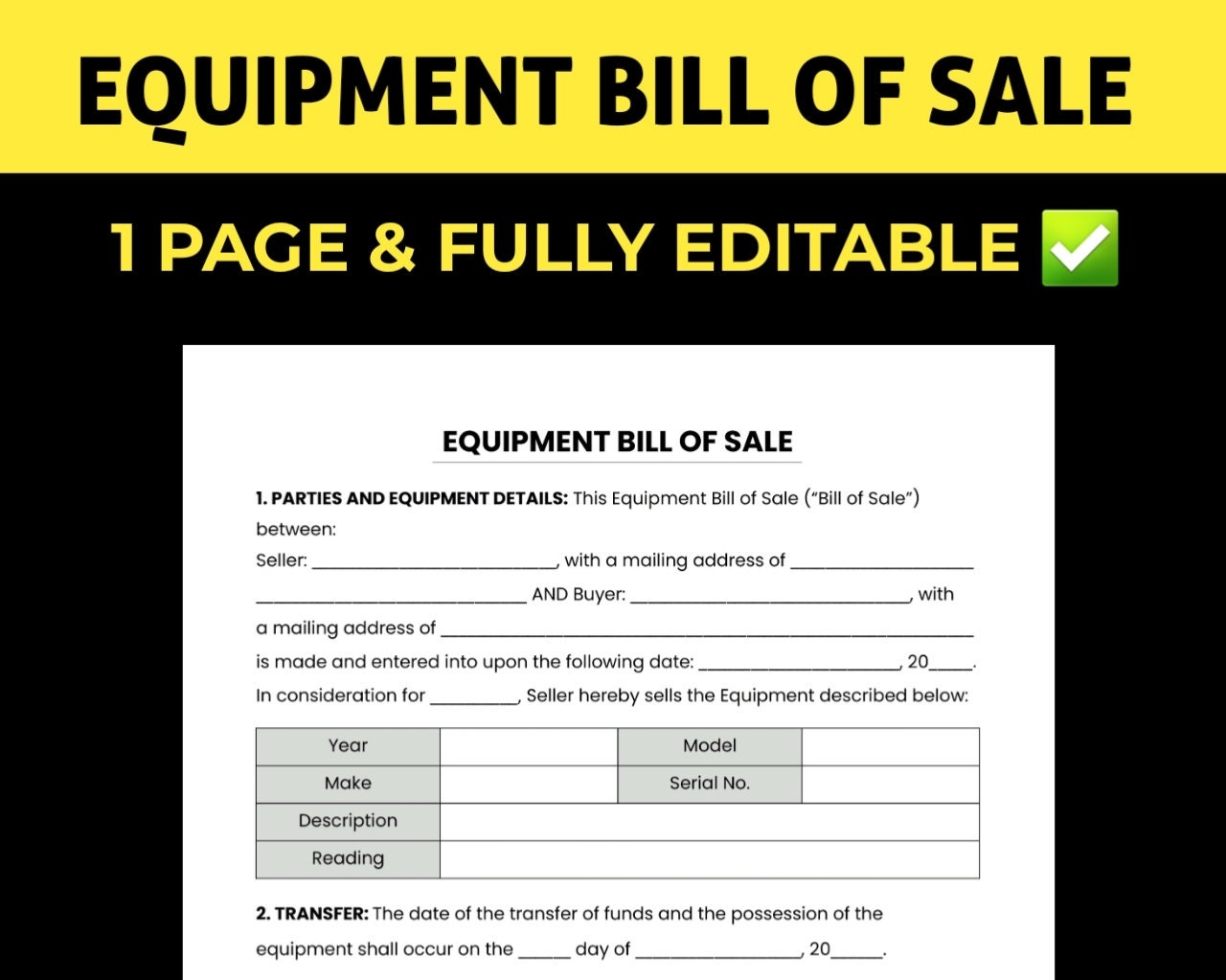 Free Printable Equipment Bill Of Sale Form