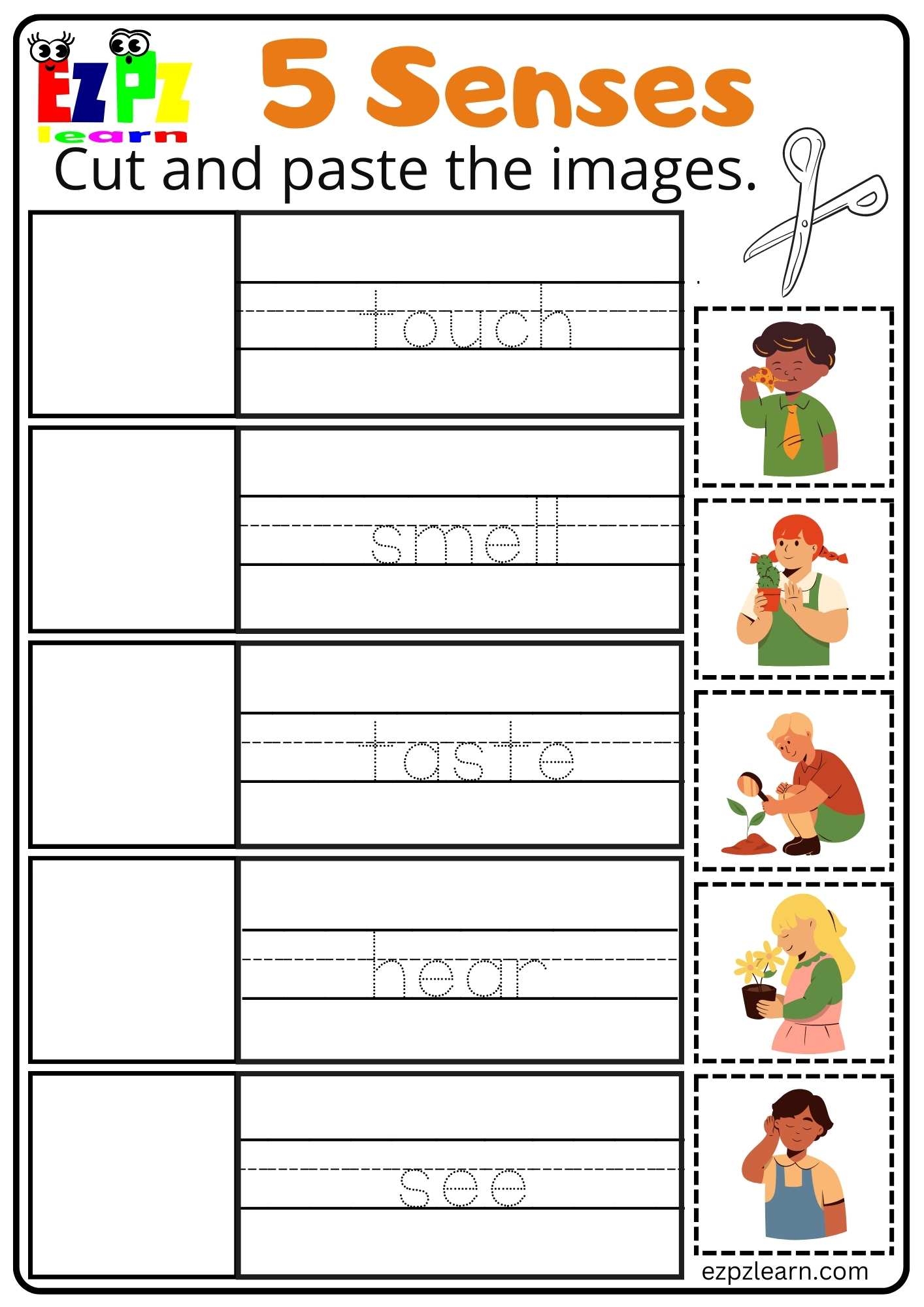Five Senses Cut And Paste Worksheet For Kindergarten And ESL Students Free Download Ezpzlearn