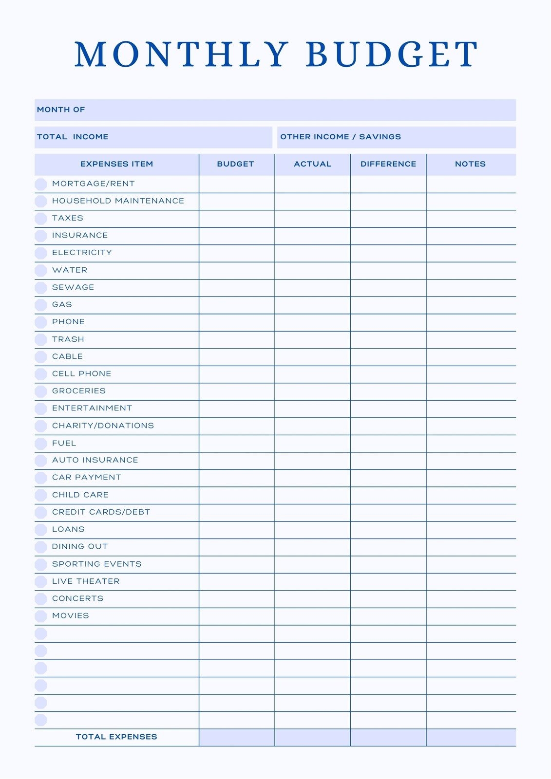 Monthly Budget Worksheet Printable Free