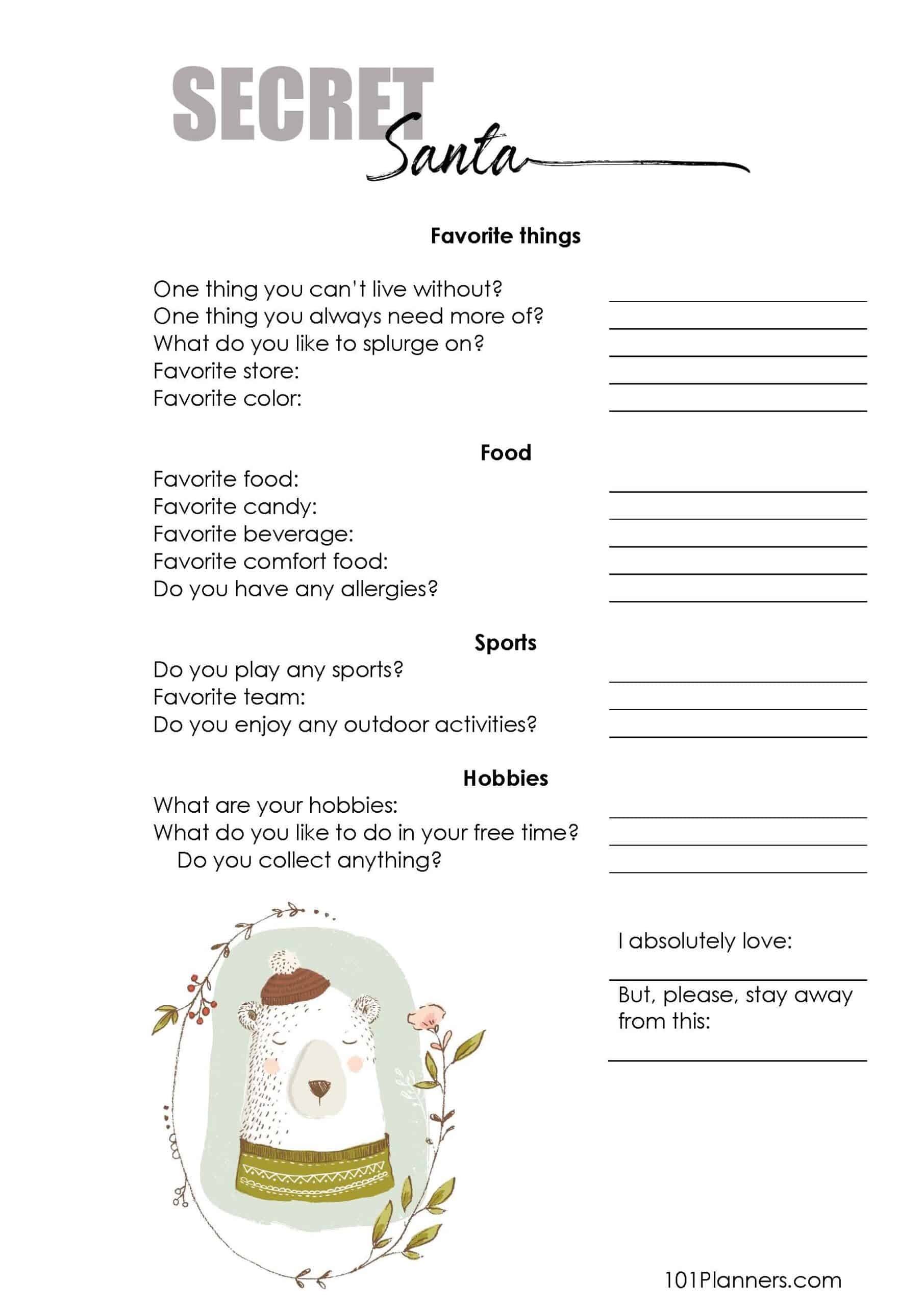 Secret Santa Form Free Printable Pdf