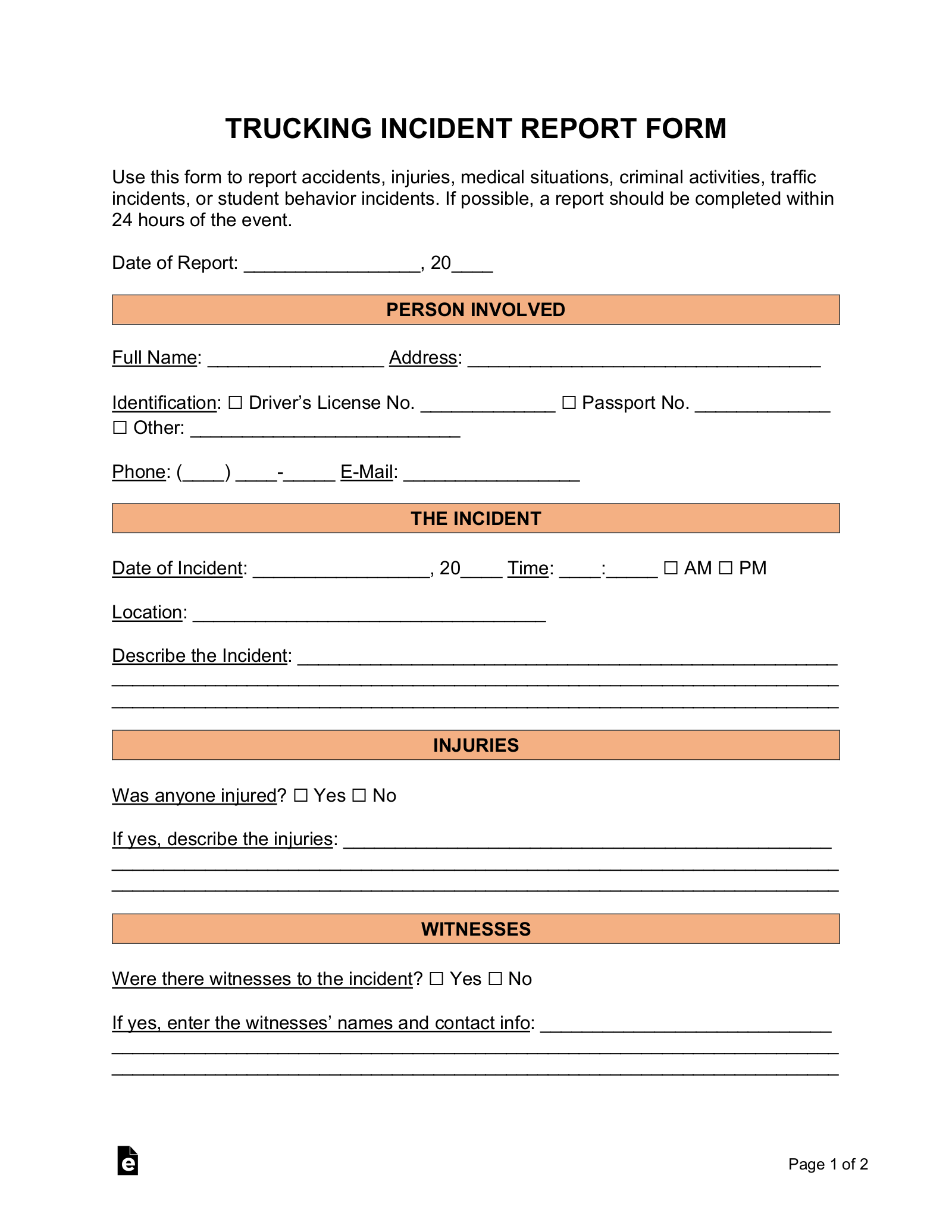 Printable Accident Report Form