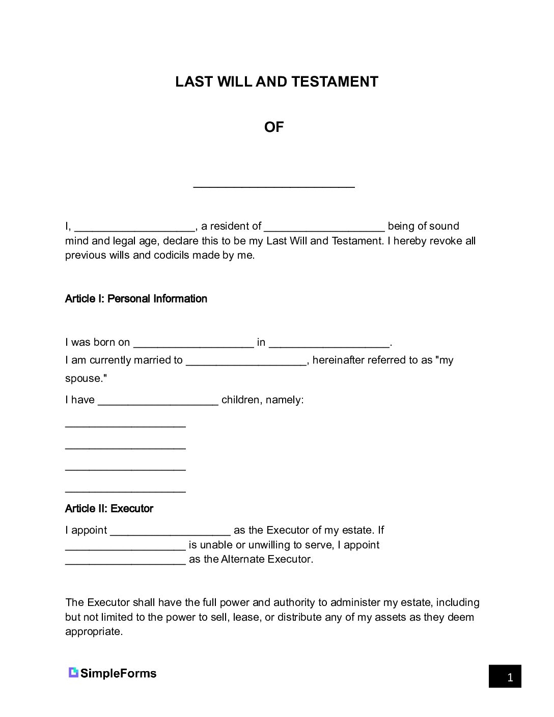 Free Last Will Template Simple Forms PDF Word