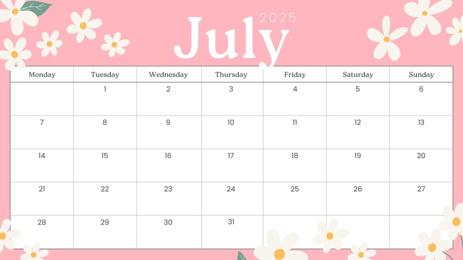 Printable Calendar 2025 July