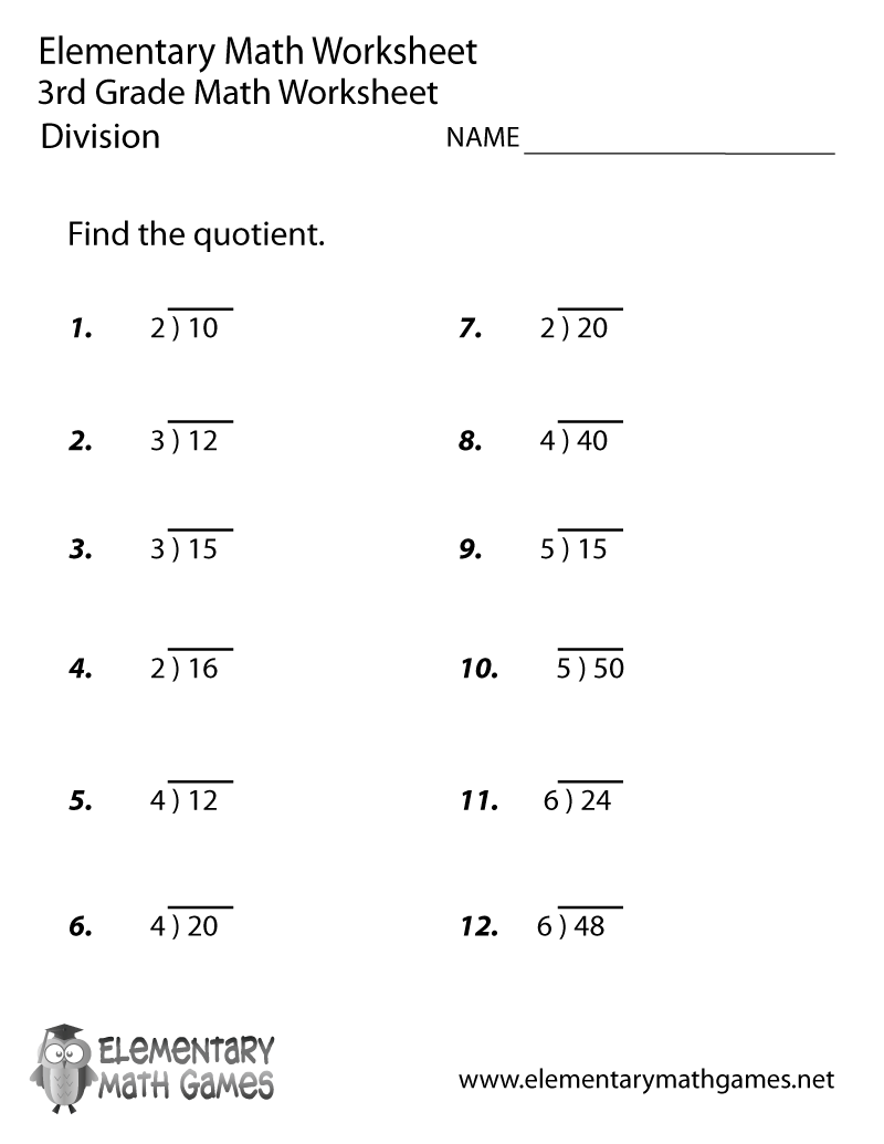 Free Printable Division Worksheet For Third Grade