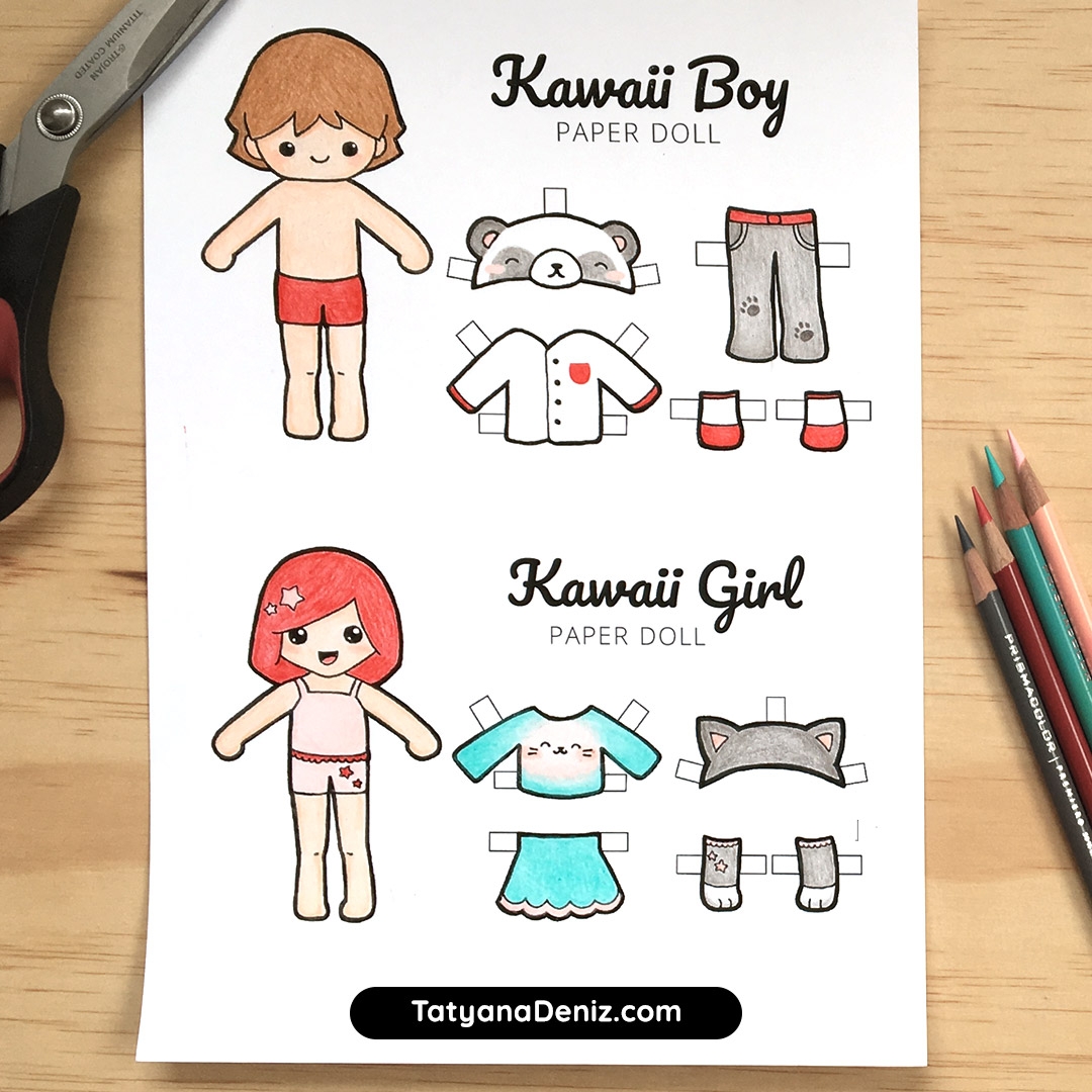 Free Printable Kawaii Paper Dolls Colouring Pages