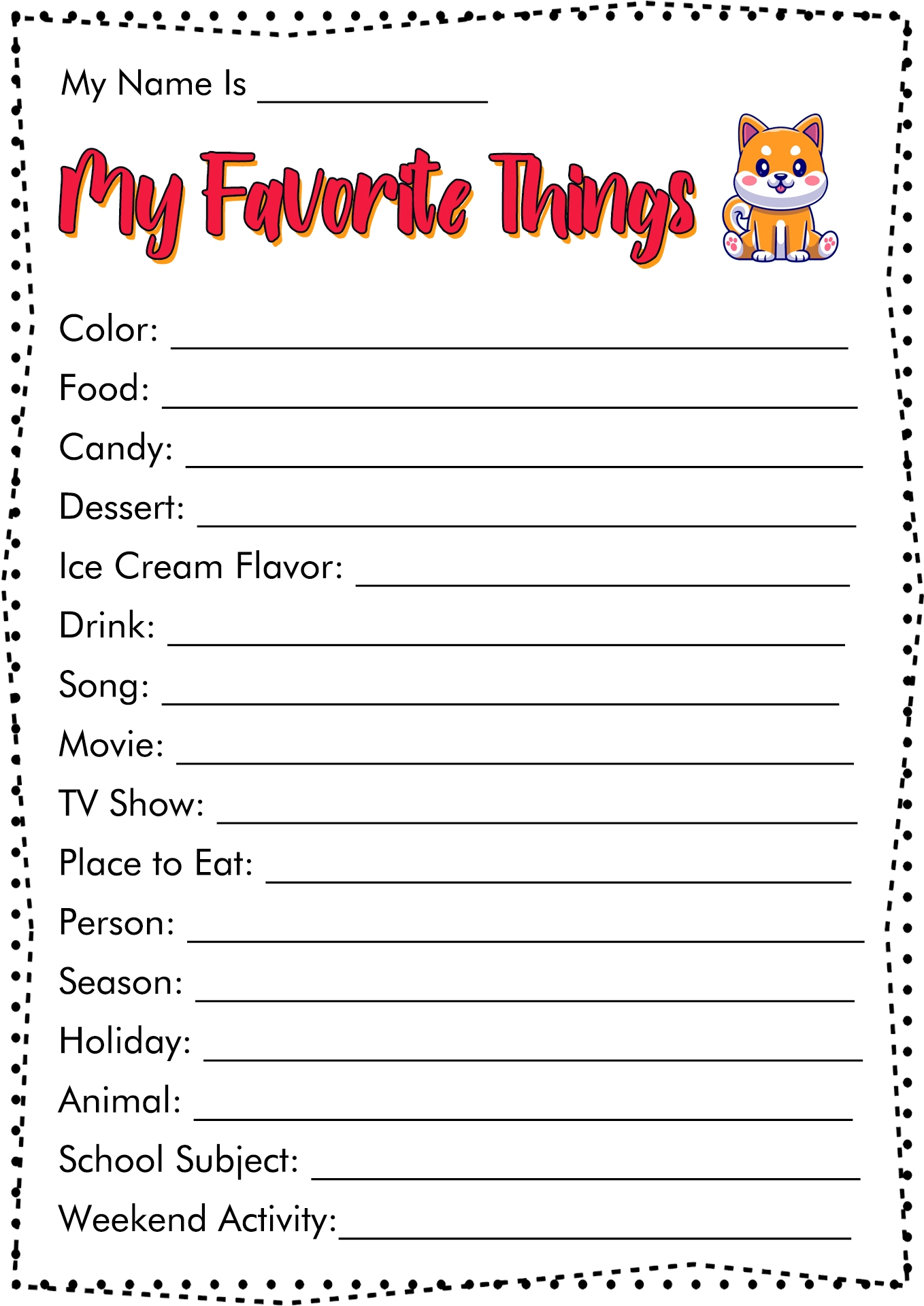 Free Printable My Favorite Things Worksheet