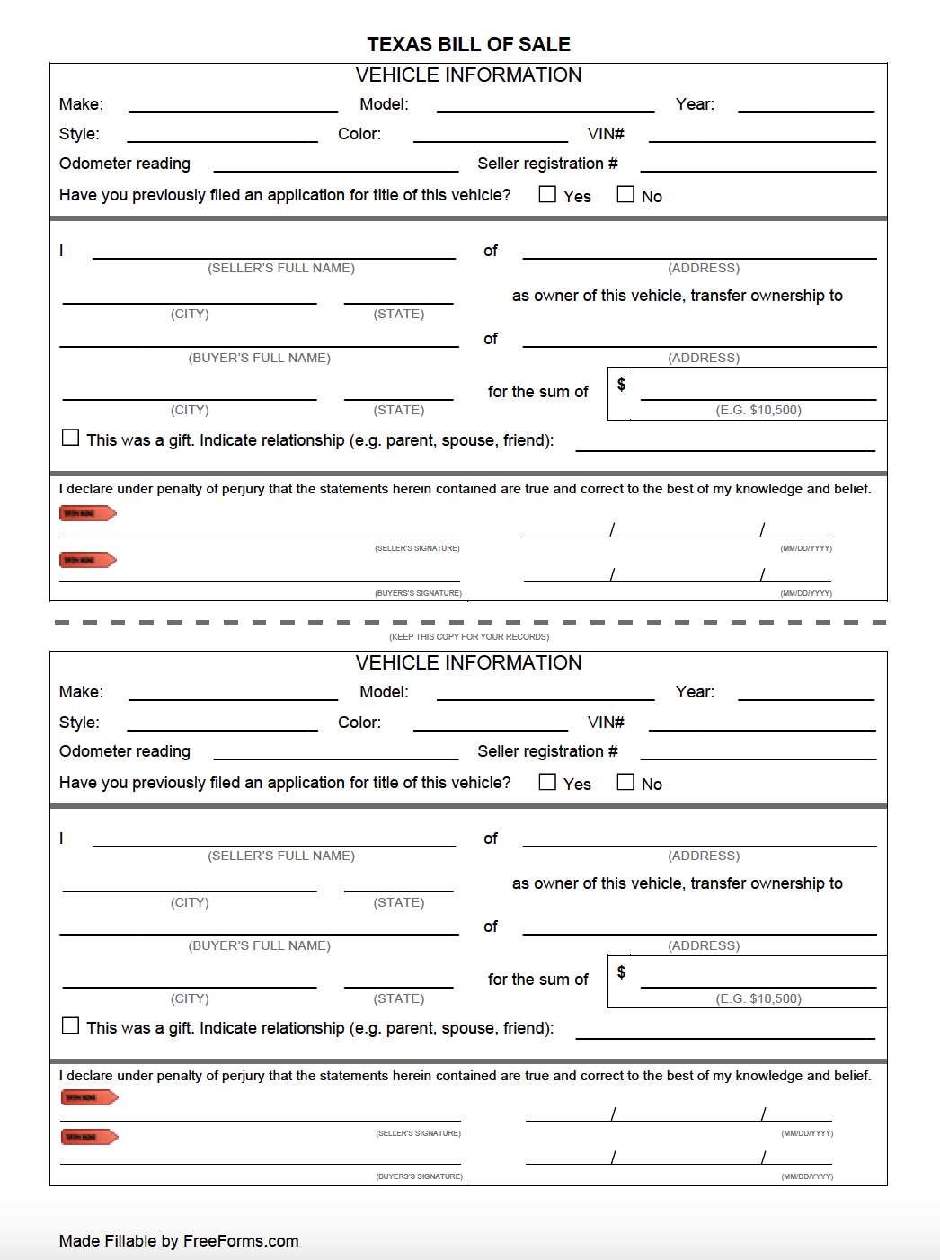Free Texas DMV Bill Of Sale Form For Motor Vehicle Trailer Or Boat PDF