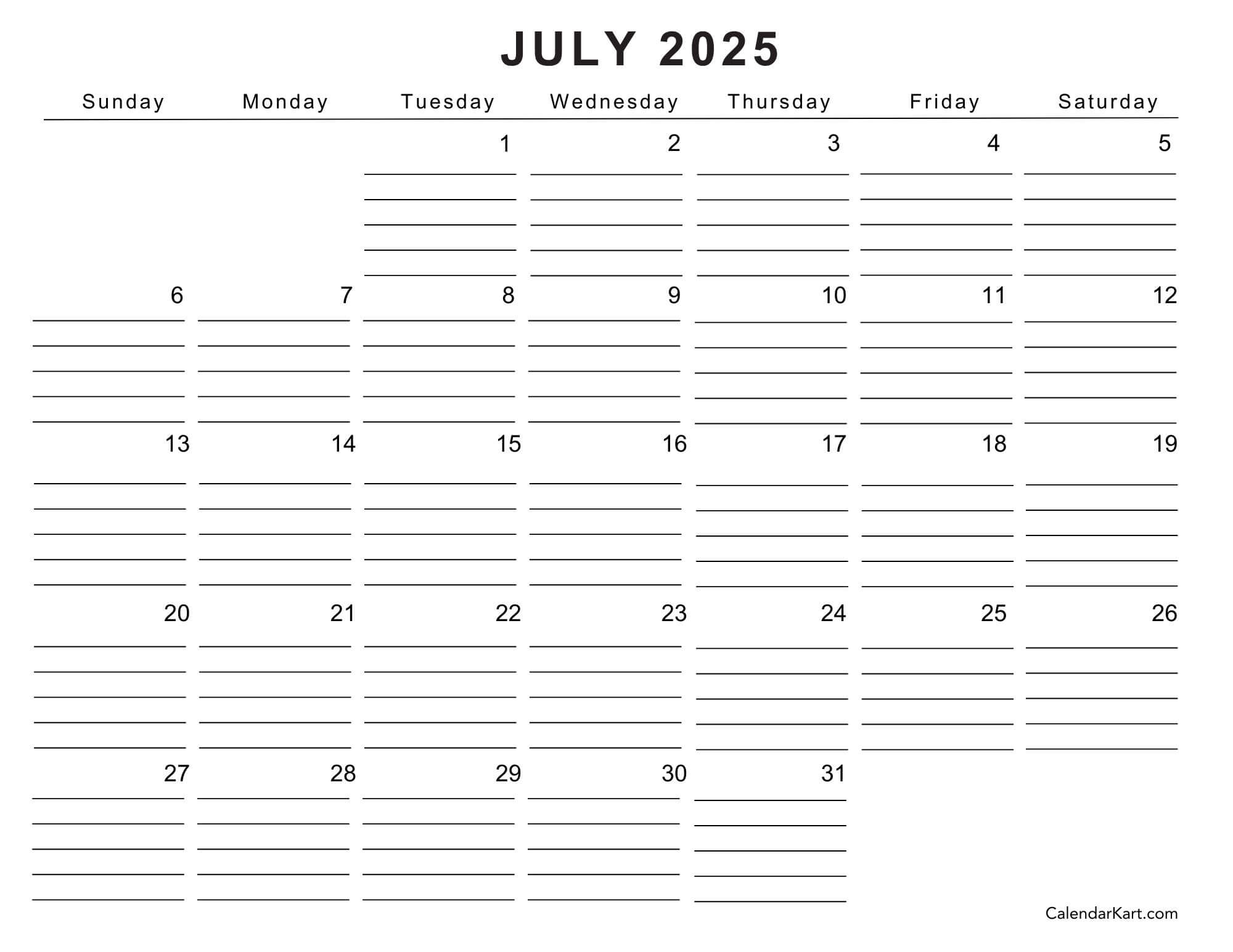 Free Printable July 2025 Calendar