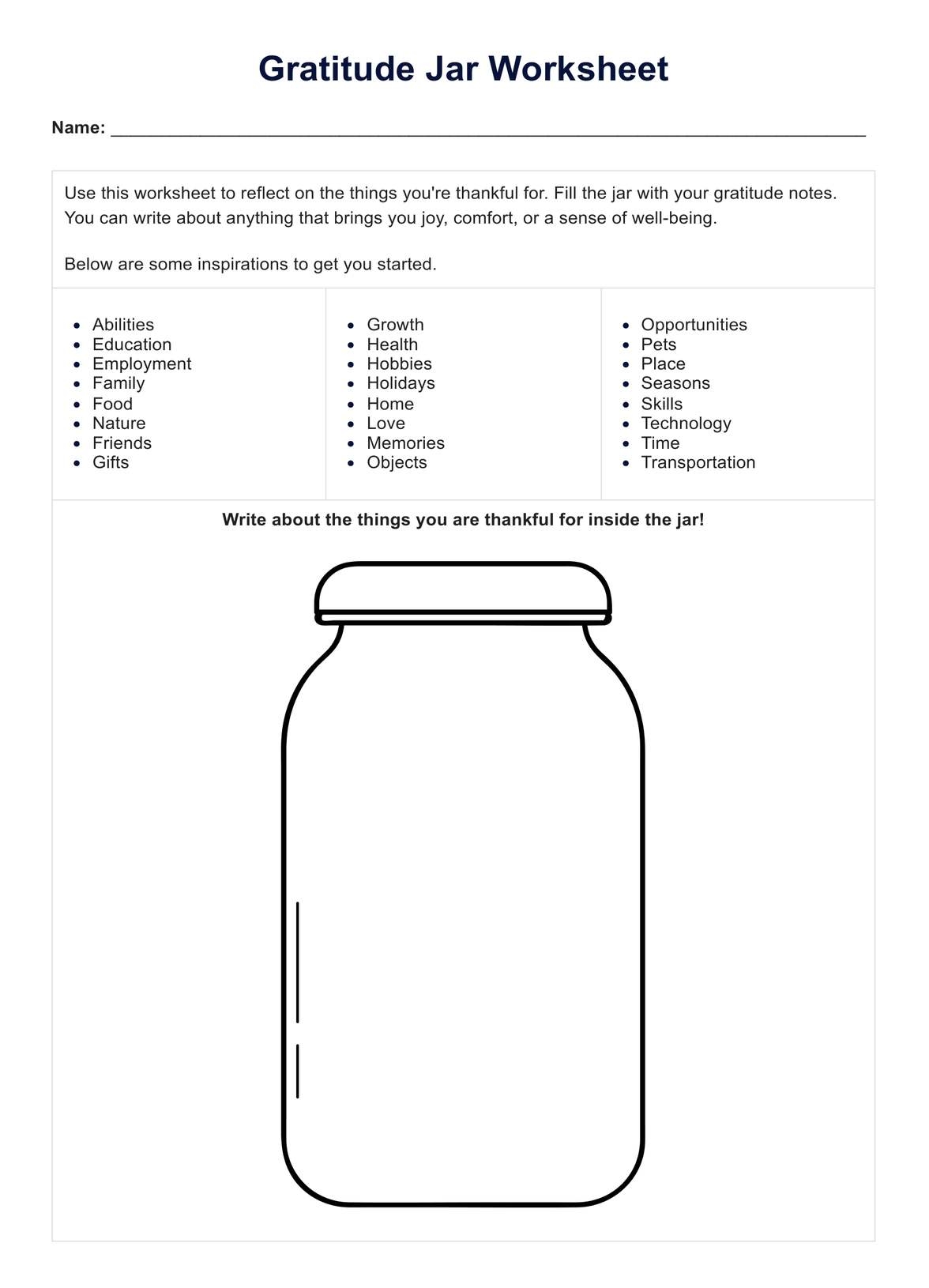 Gratitude Jar Worksheet Example Free PDF Download