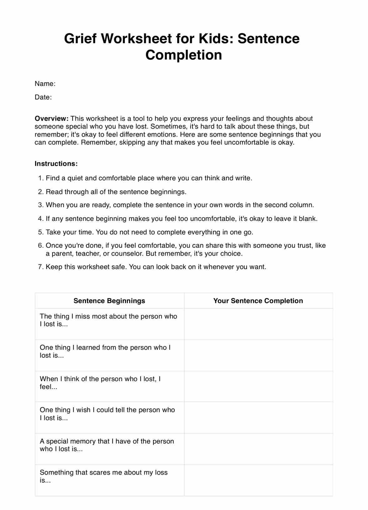 Grief Worksheet For Kids Example Free PDF Download