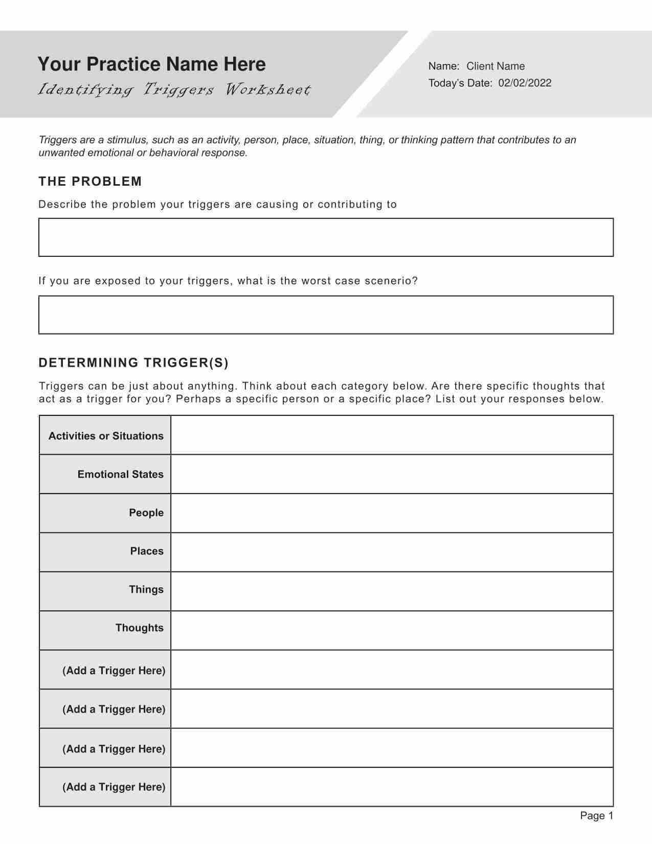 Identifying Triggers Worksheet Editable Fillable Printable PDF 