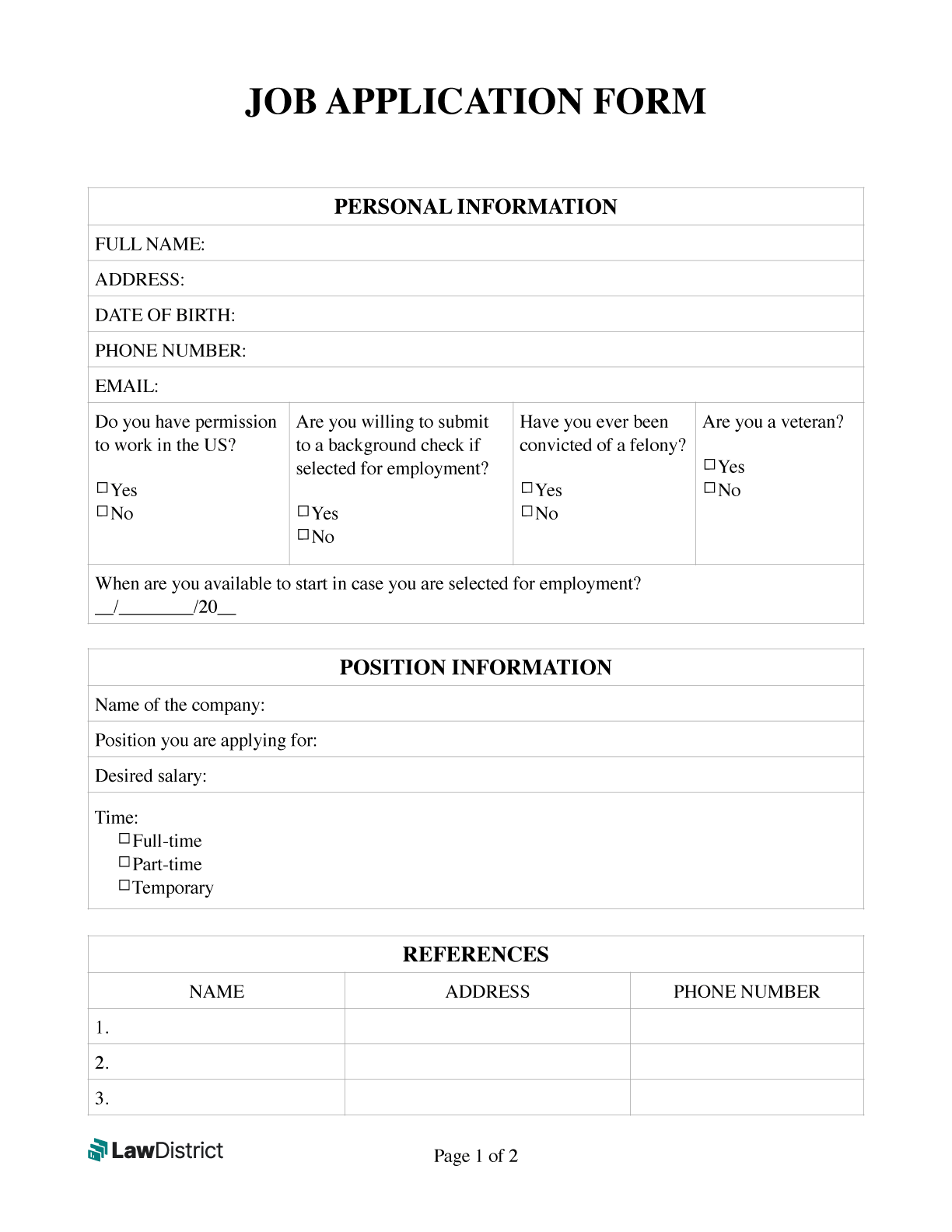 Printable Basic Job Application Form Free Printable 2025 Printable Basic Job Application Form Free Printable 2025