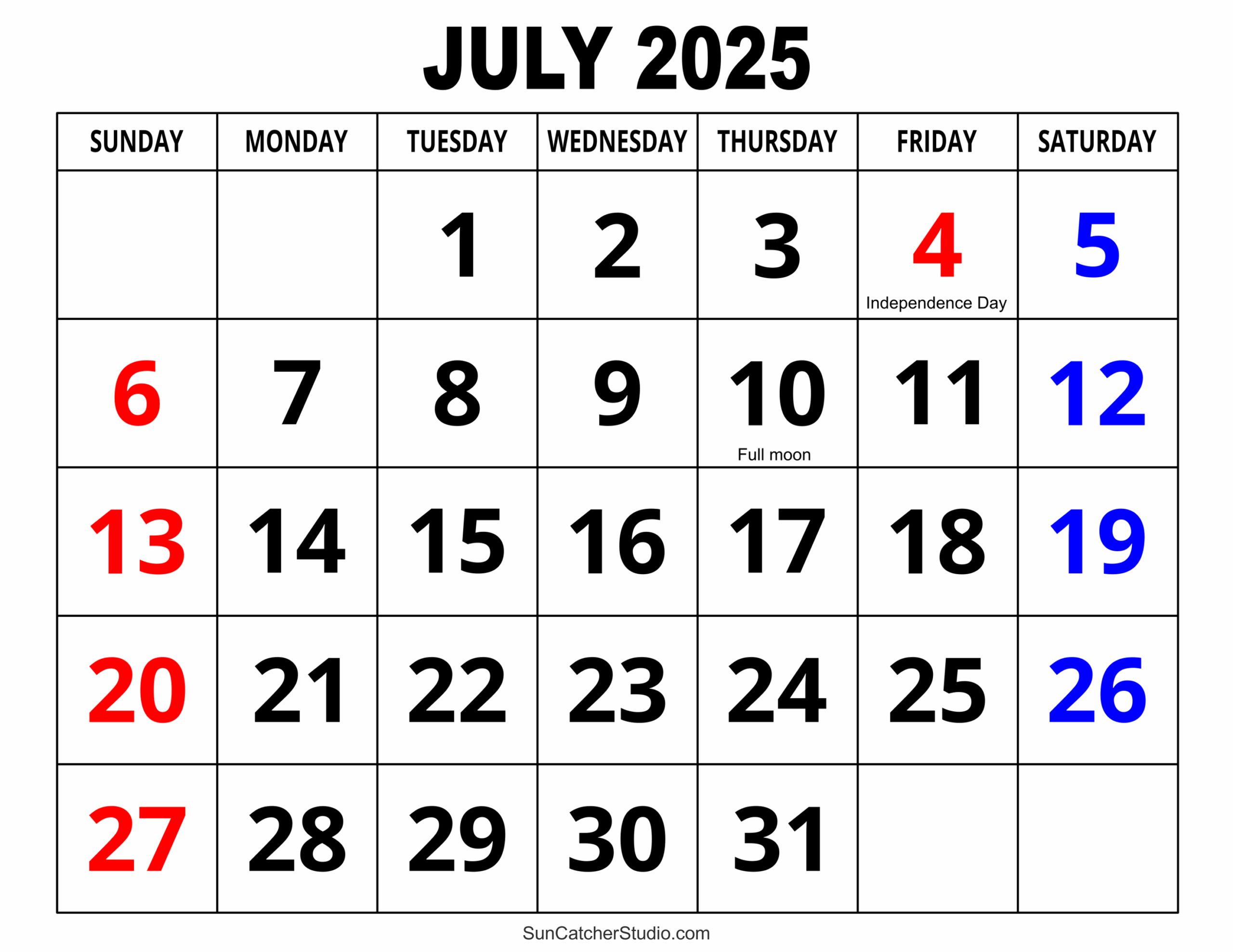 July Free Printable Calendar 2025