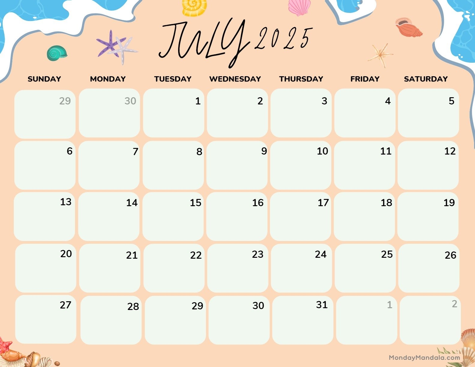 Free Printable Calendar July 2025