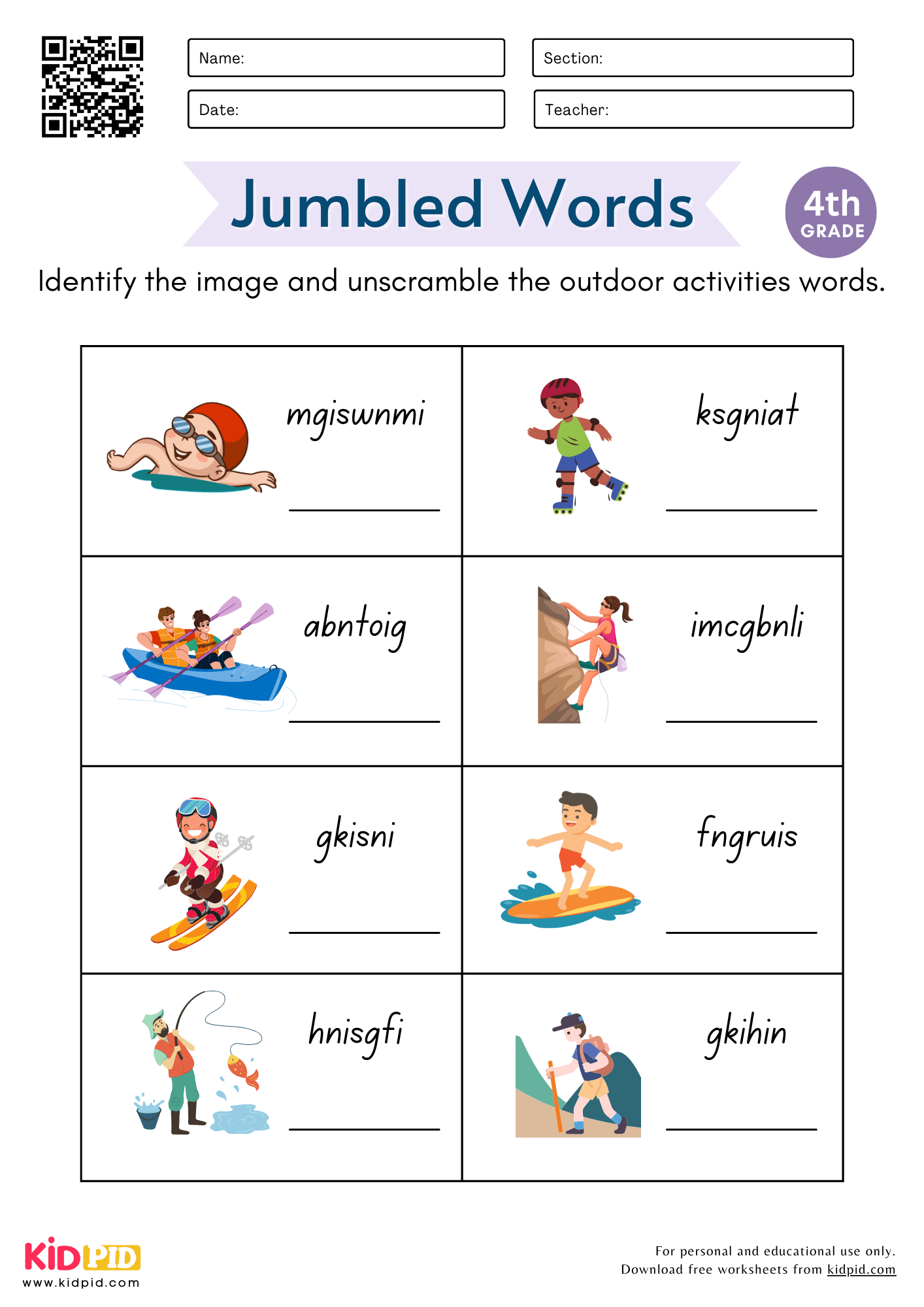 Jumbled Outdoor Activities Words Worksheet For Grade 4 Kidpid