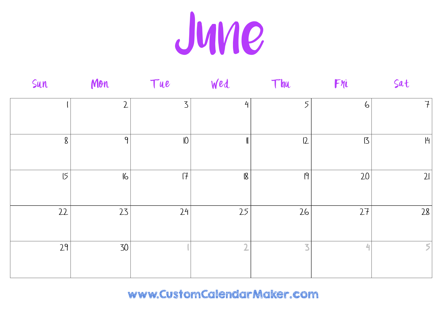 June Printable Calendar 2025