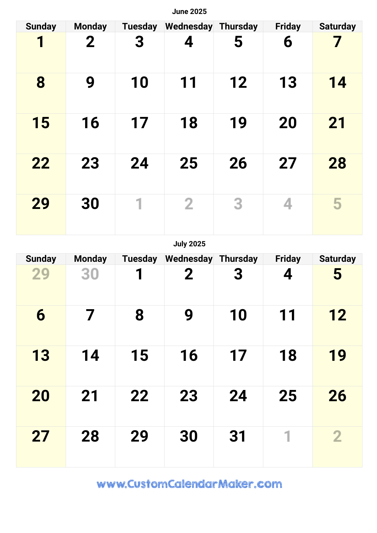 June July 2025 Calendar Printable
